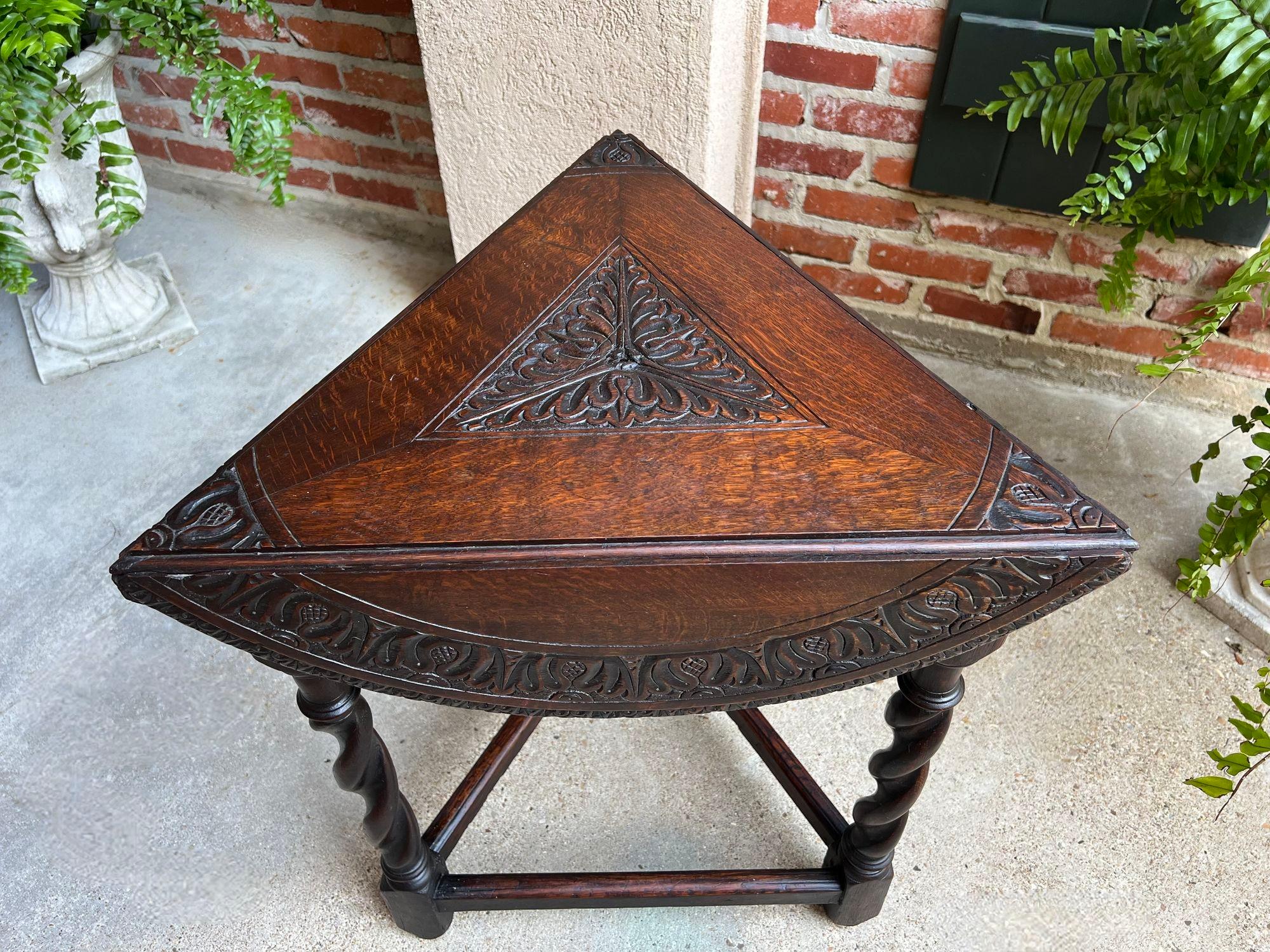 Antique English Corner End Table Handkerchief BARLEY TWIST Carved Oak ROUND 3