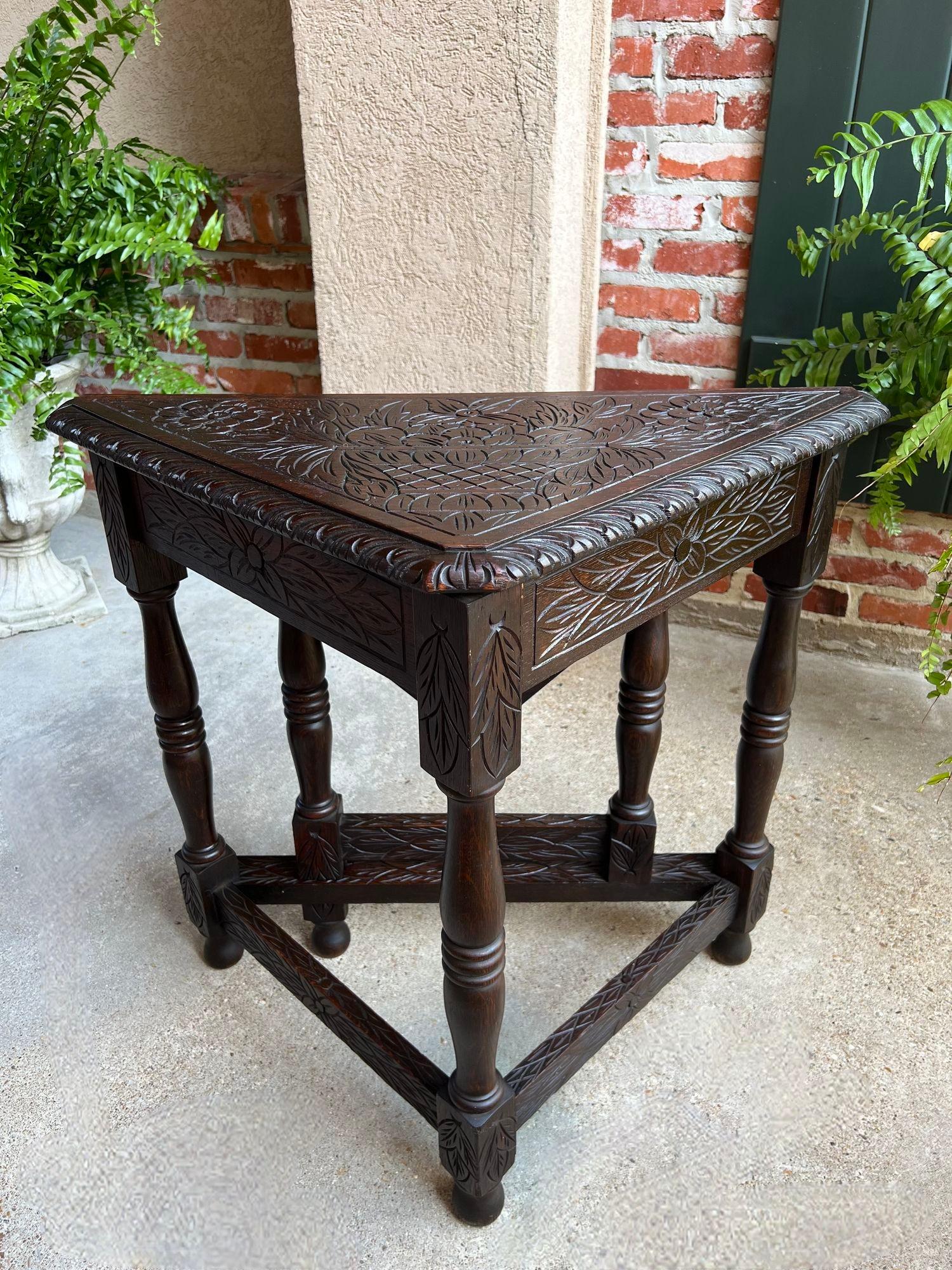 Antique English Corner End Table Handkerchief Drop Leaf Carved Tiger Oak Square 3