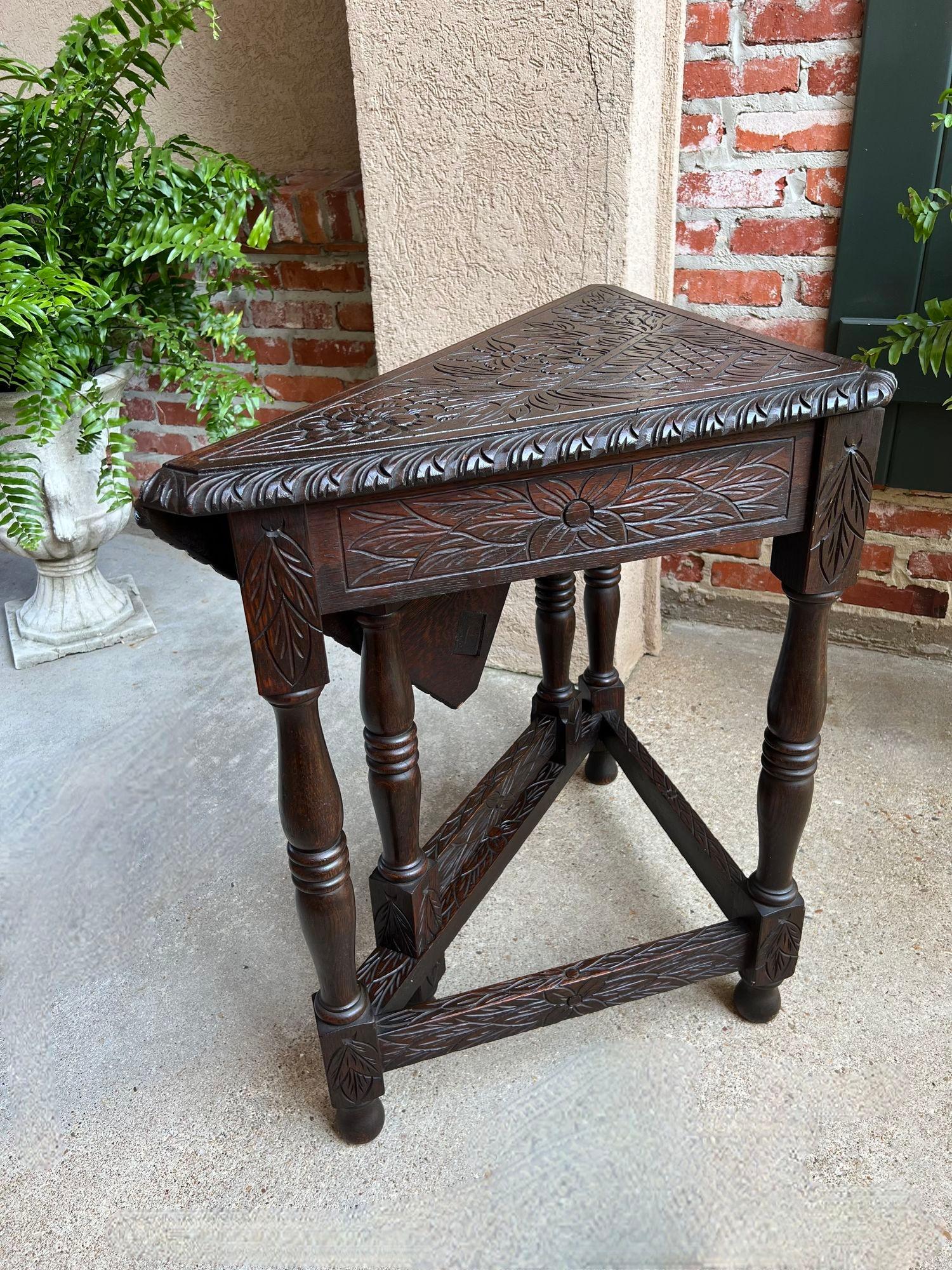 Antique English Corner End Table Handkerchief Drop Leaf Carved Tiger Oak Square 4