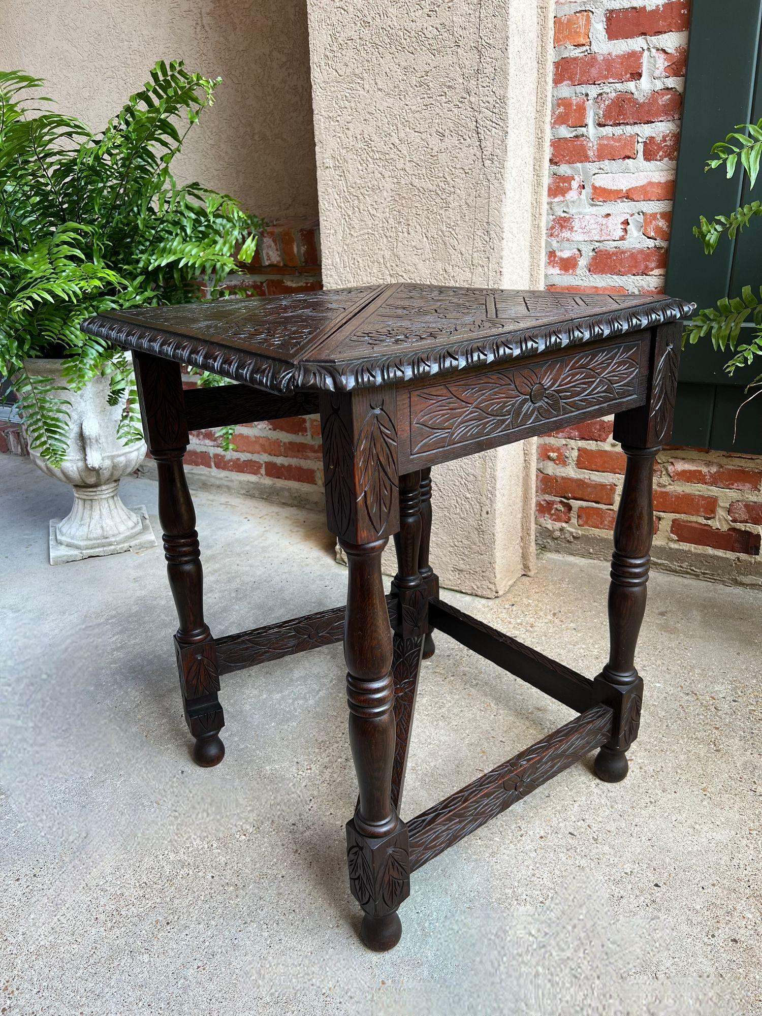 Antique English Corner End Table Handkerchief Drop Leaf Carved Tiger Oak Square 5