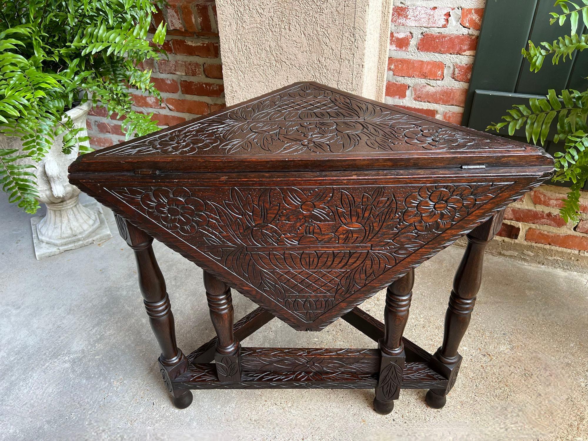 Antique English Corner End Table Handkerchief Drop Leaf Carved Tiger Oak Square 6