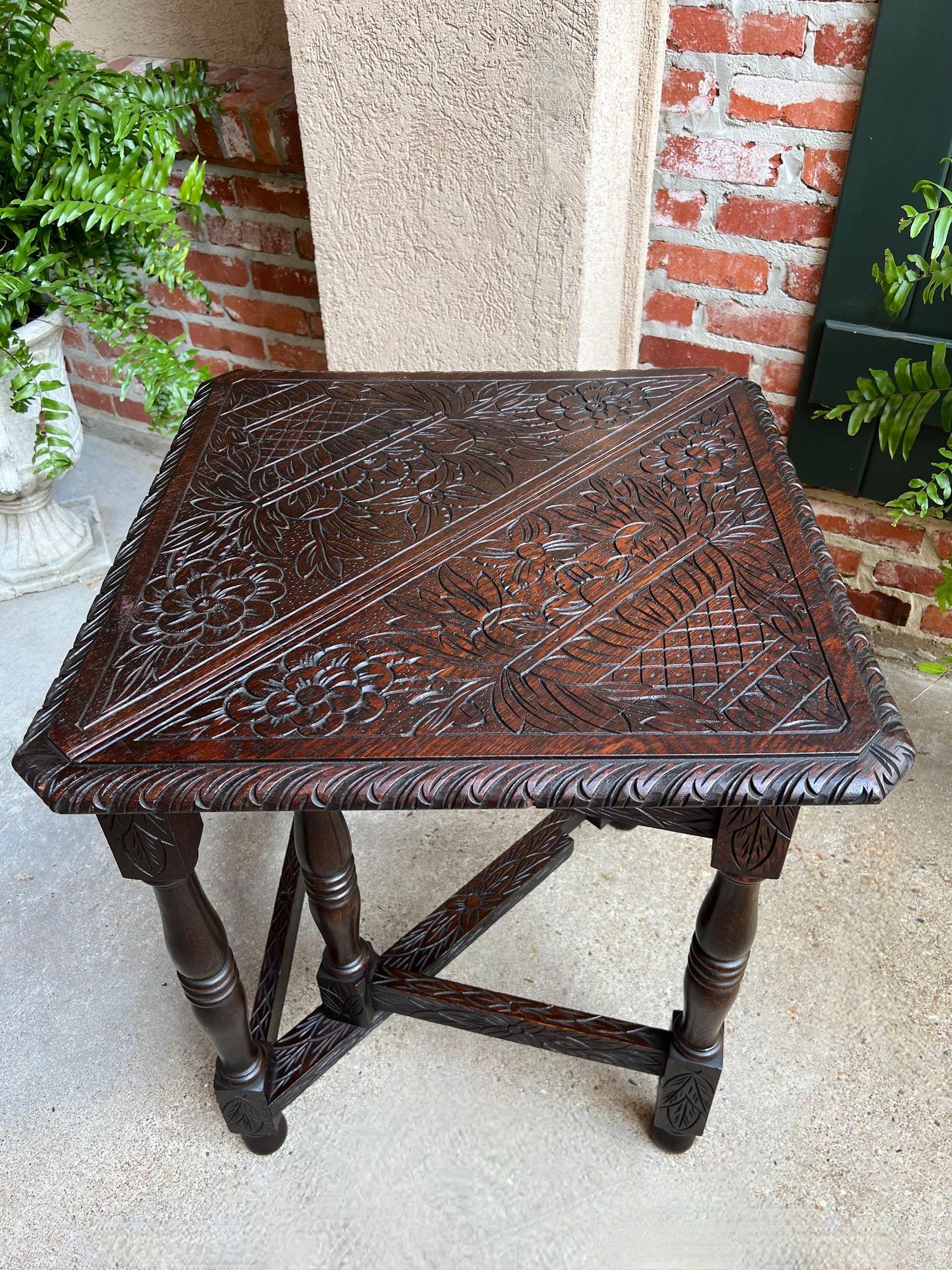 Antique English Corner End Table Handkerchief Drop Leaf Carved Tiger Oak Square 7