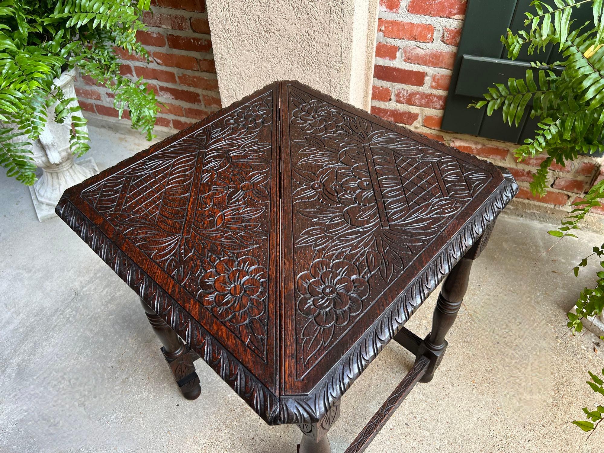 Antique English Corner End Table Handkerchief Drop Leaf Carved Tiger Oak Square 8