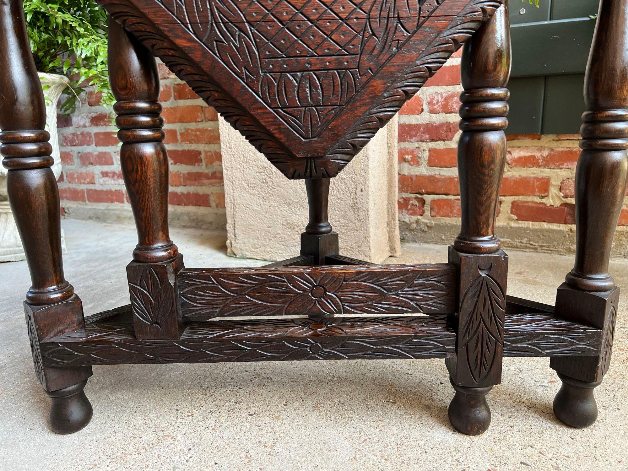 Antique English Corner End Table Handkerchief Drop Leaf Carved Tiger Oak Square 9