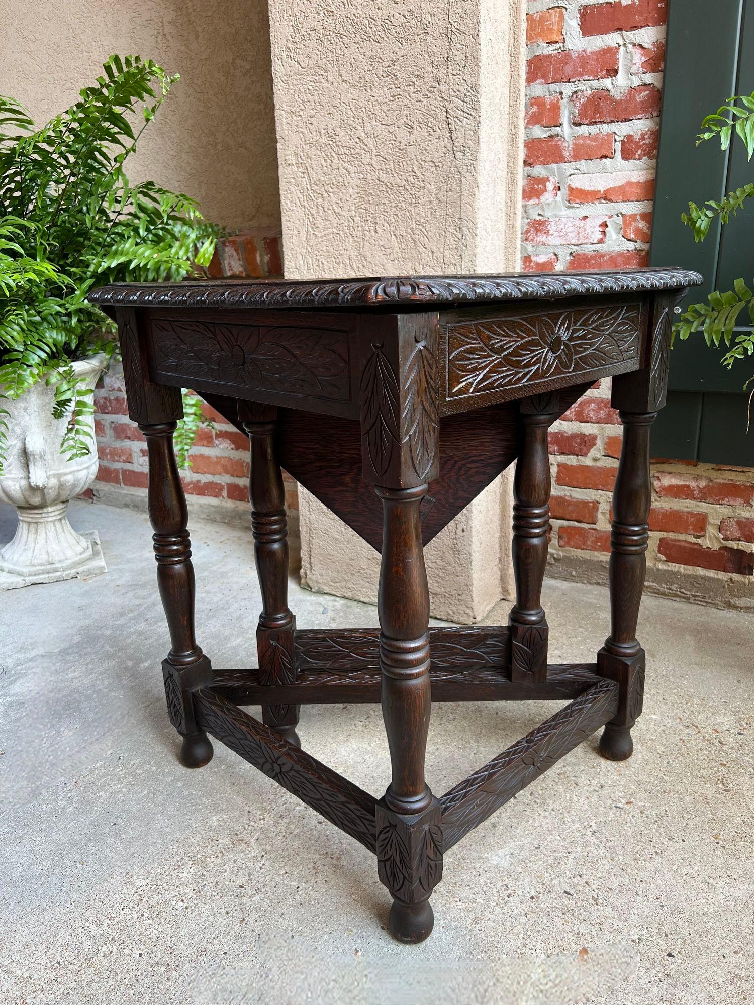Antique English Corner End Table Handkerchief Drop Leaf Carved Tiger Oak Square 10