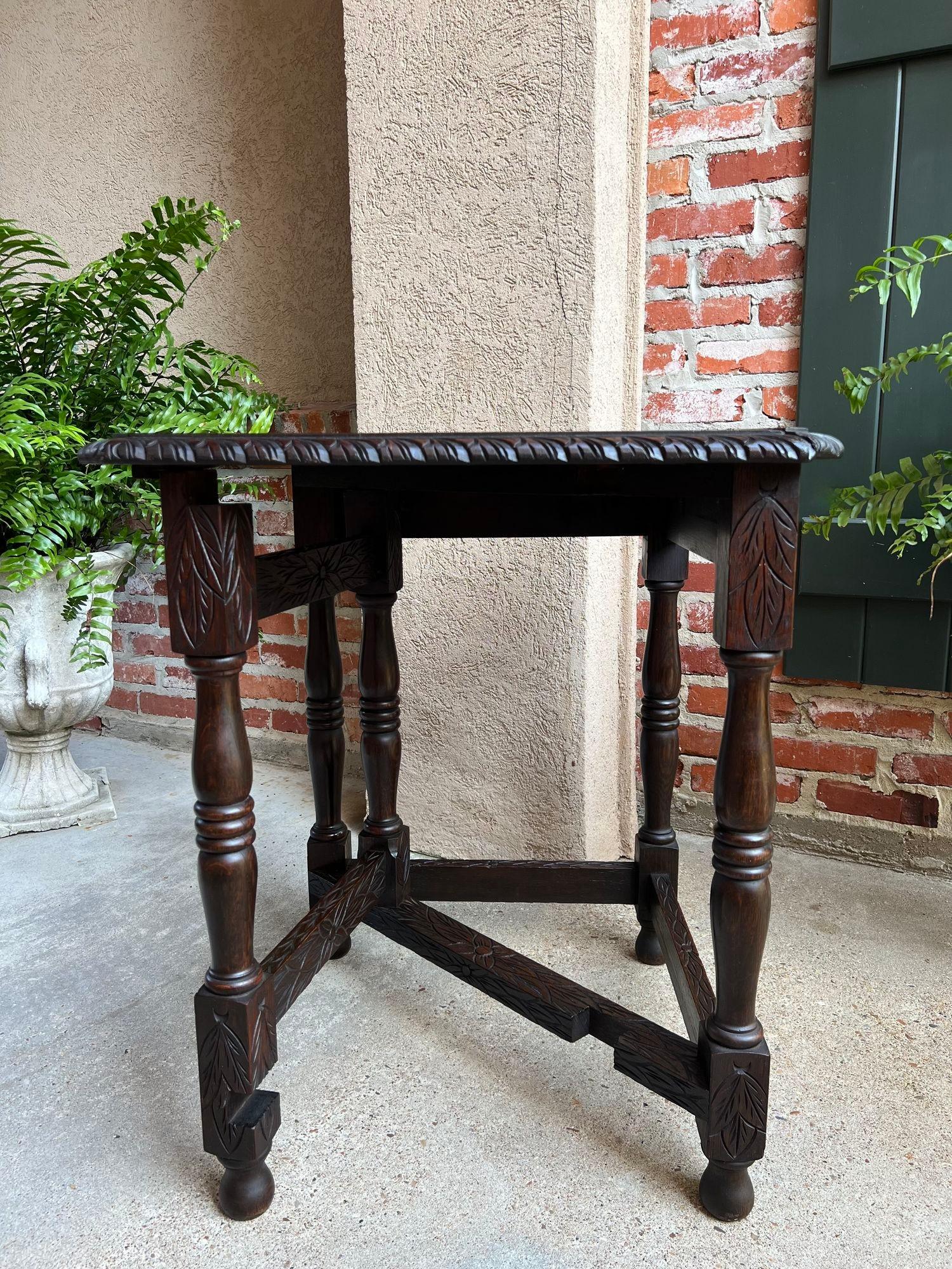 Antique English Corner End Table Handkerchief Drop Leaf Carved Tiger Oak Square 12