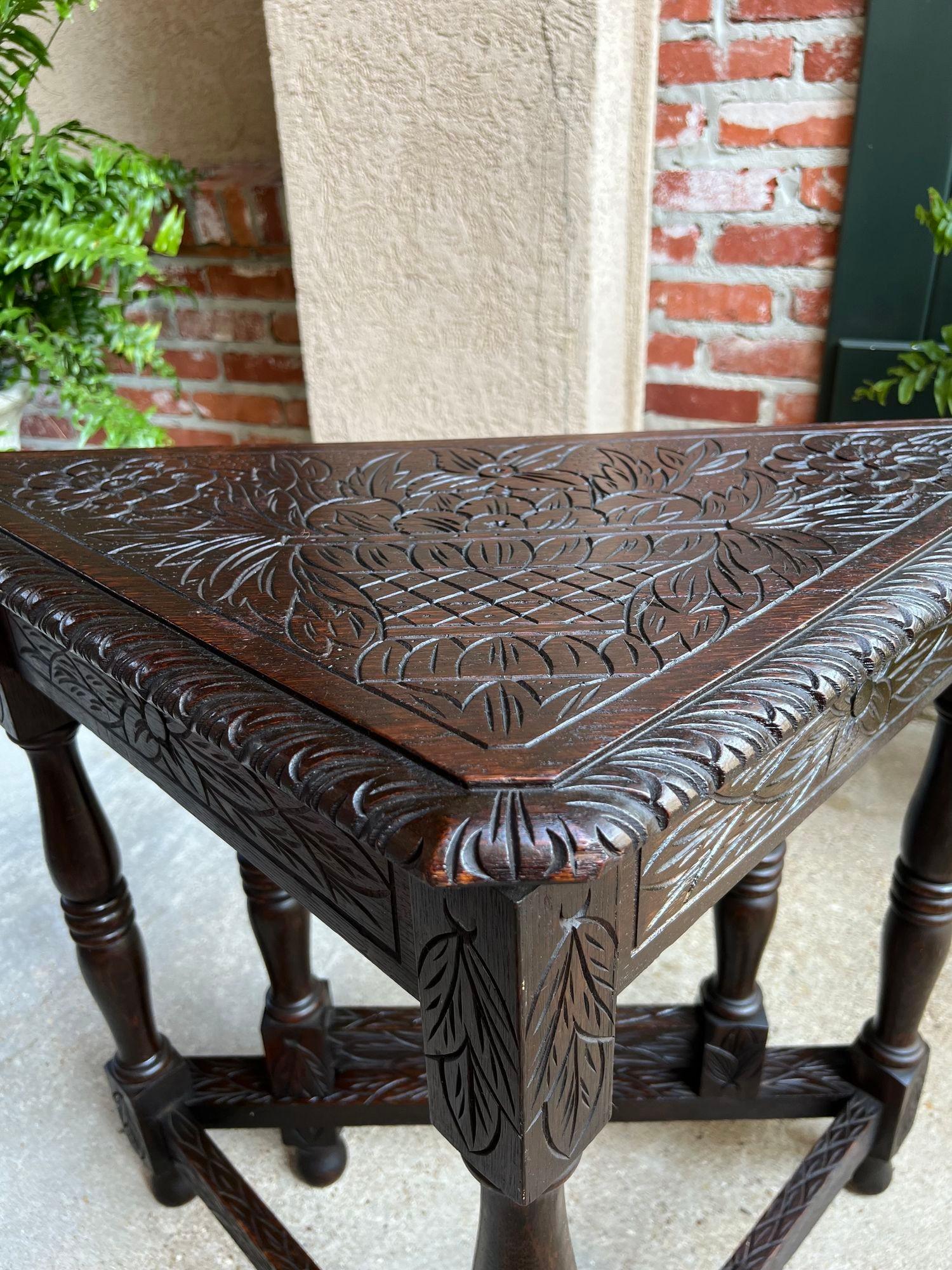 Antique English Corner End Table Handkerchief Drop Leaf Carved Tiger Oak Square 13