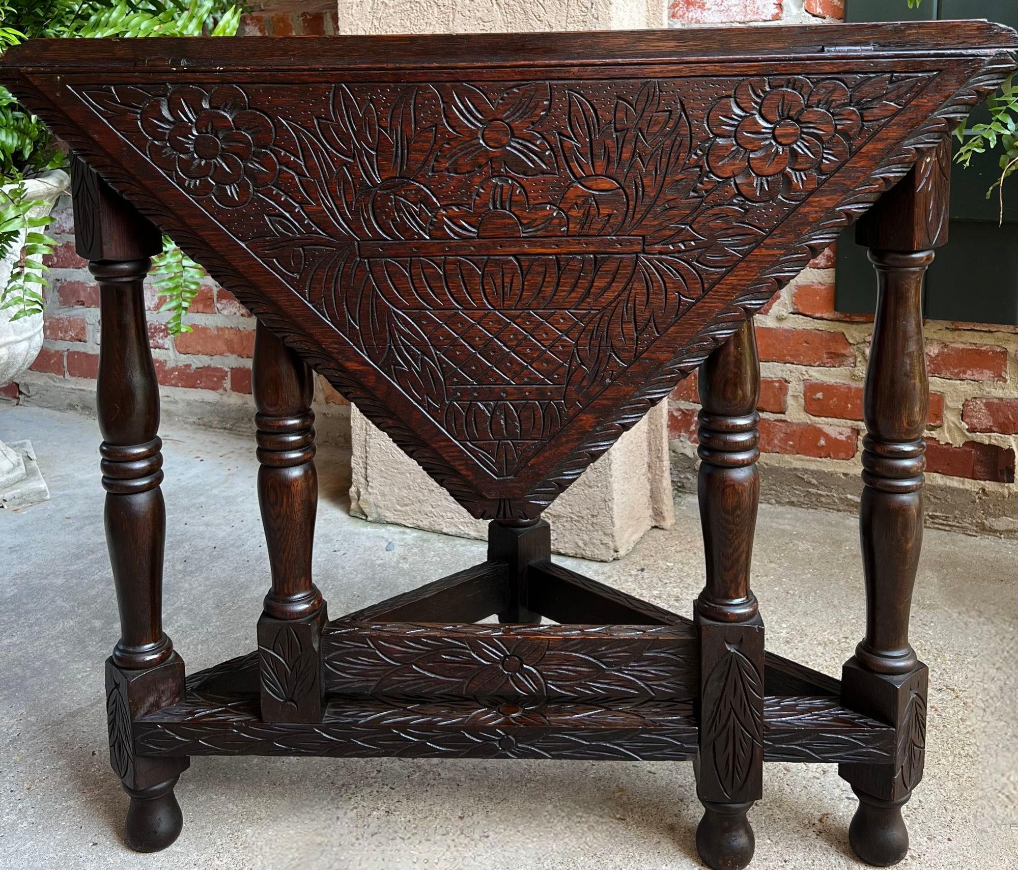 Hand-Carved Antique English Corner End Table Handkerchief Drop Leaf Carved Tiger Oak Square