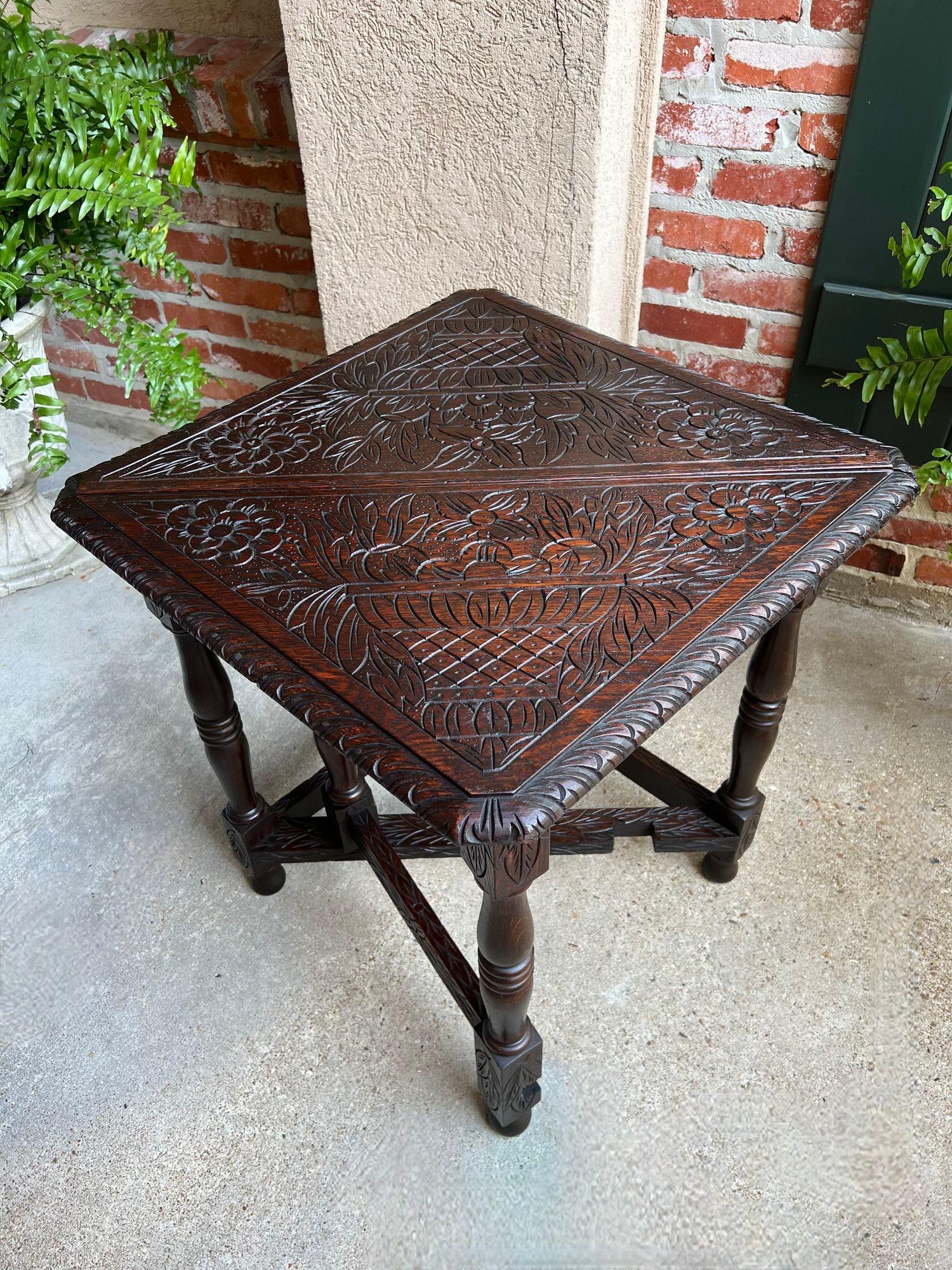 19th Century Antique English Corner End Table Handkerchief Drop Leaf Carved Tiger Oak Square