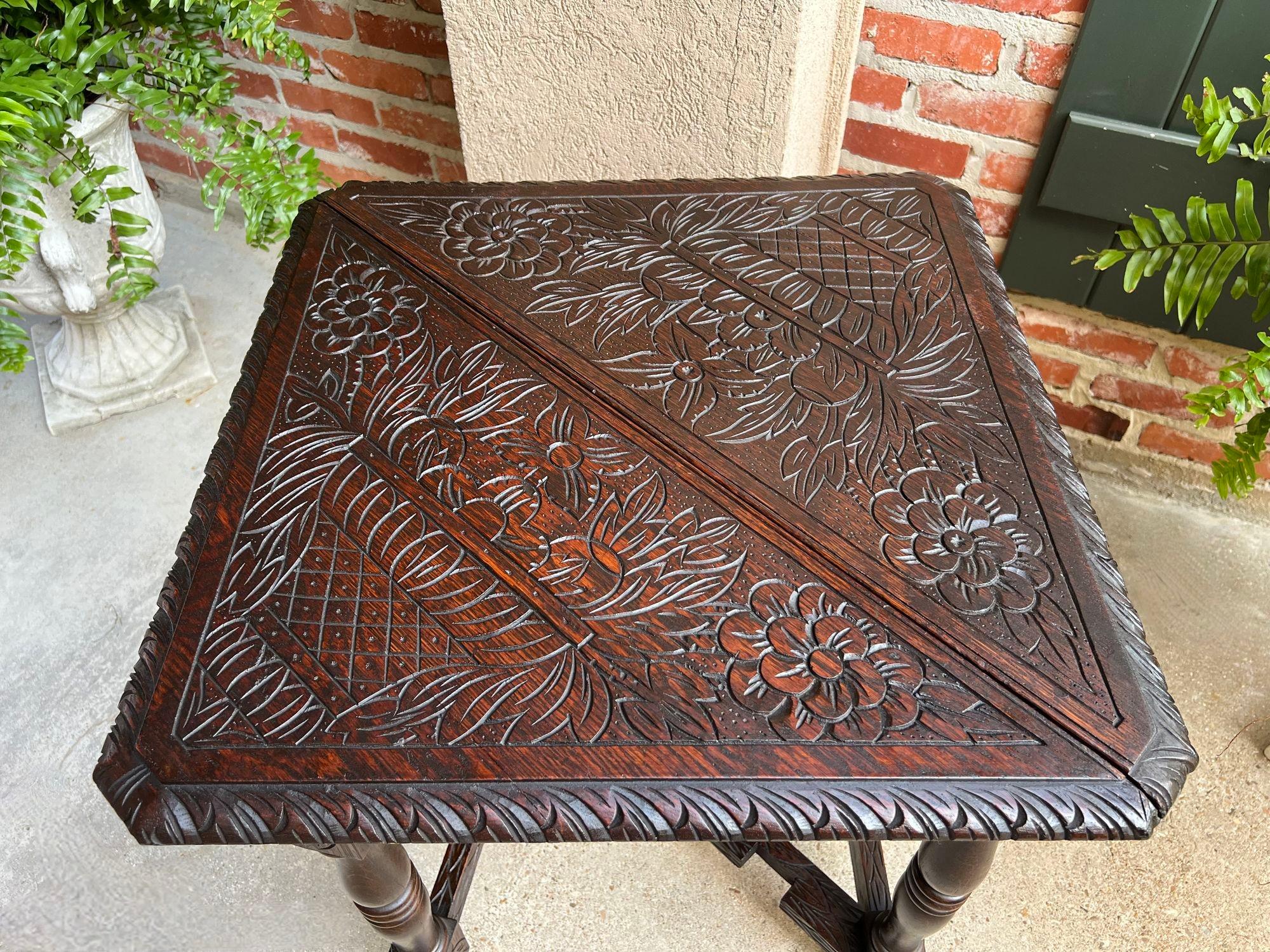 Antique English Corner End Table Handkerchief Drop Leaf Carved Tiger Oak Square 1
