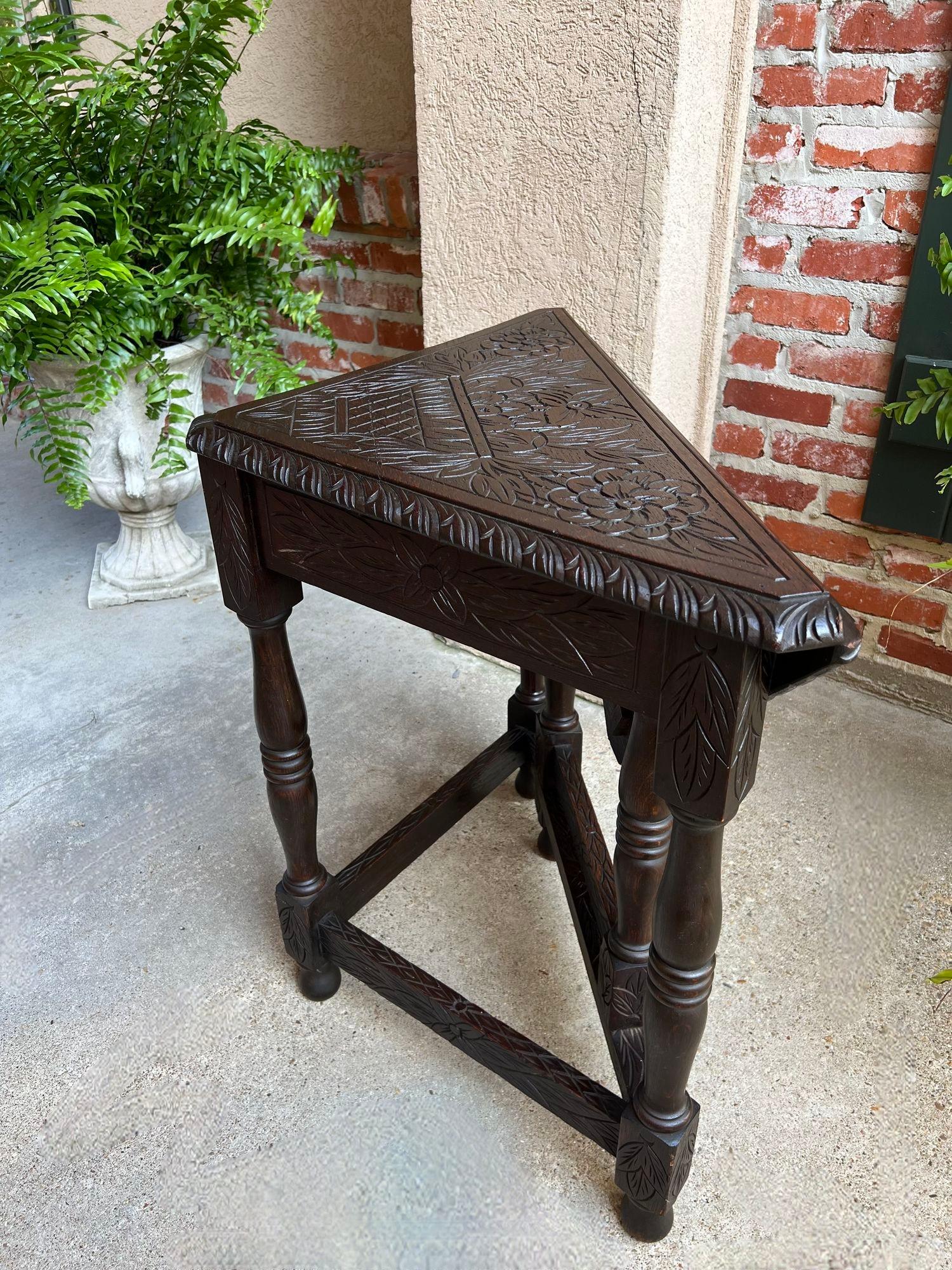 Antique English Corner End Table Handkerchief Drop Leaf Carved Tiger Oak Square 2