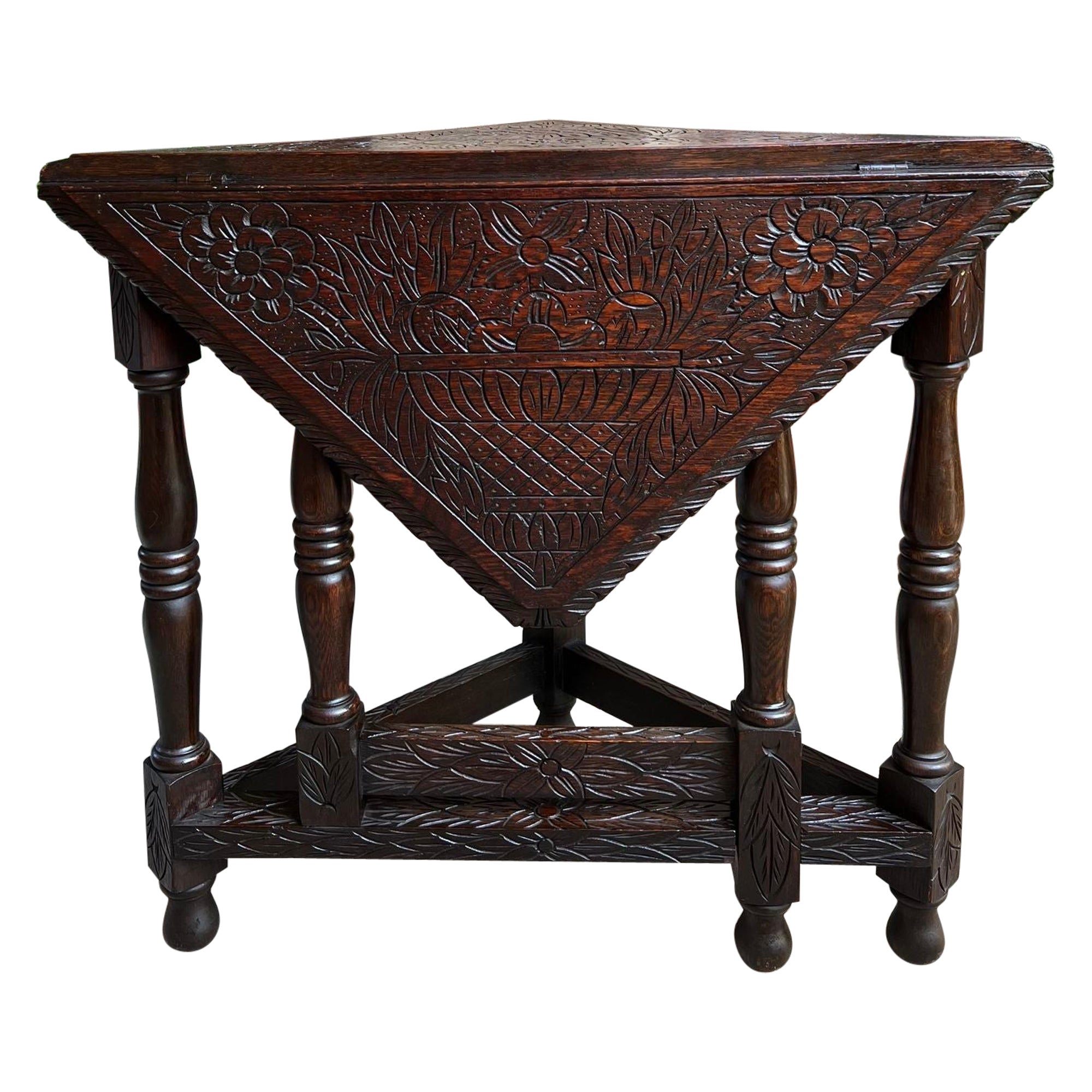 Antique English Corner End Table Handkerchief Drop Leaf Carved Tiger Oak Square
