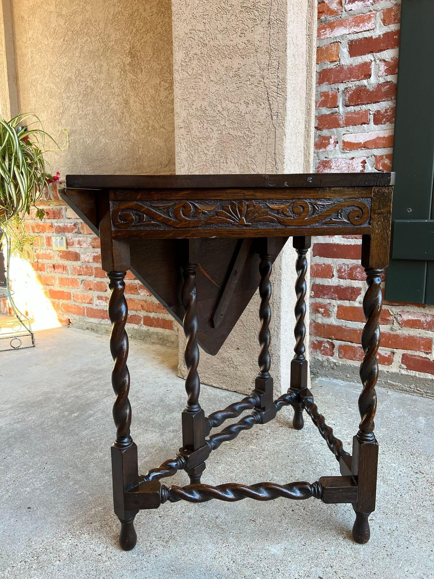 Antique English Corner Table Handkerchief Drop Leaf Barley Twist Carved Oak 3