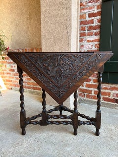 Antique English Corner Table Handkerchief Drop Leaf Barley Twist Carved Oak