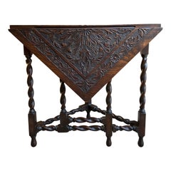 Antique English Corner Table Handkerchief Drop Leaf Barley Twist Carved Oak