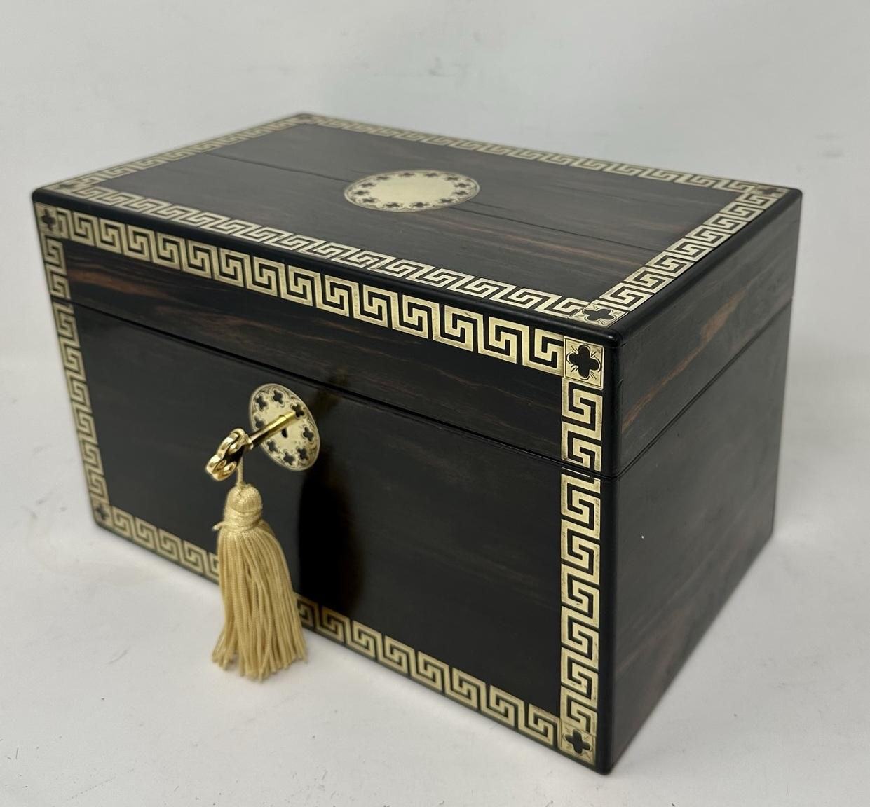 Polished Antique English Coromandel Brass Inlaid Wooden Double Tea Caddy 19th Century