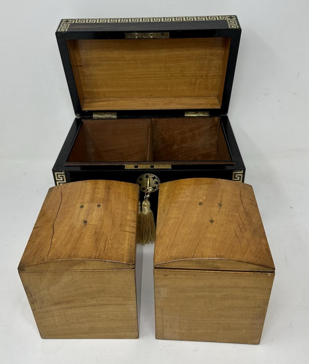 Antique English Coromandel Brass Inlaid Wooden Double Tea Caddy 19th Century 1