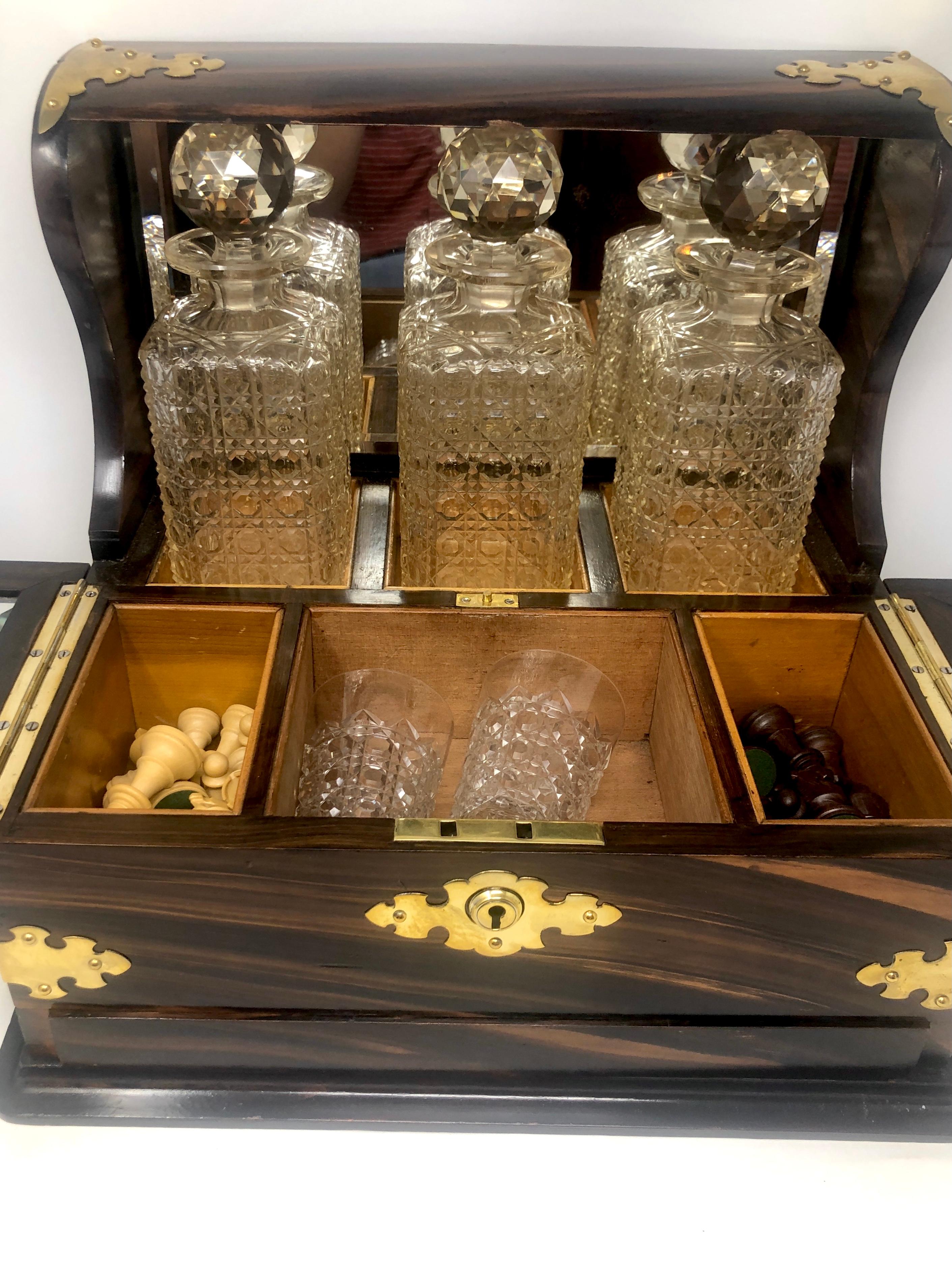 Antique English Coromandel Wood Games Box Tantalus w/ Games Pieces & Crystalware In Good Condition In New Orleans, LA