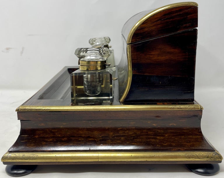 Antique English Coromandel Wood Letter Box, Stamp Box, and Inkwell