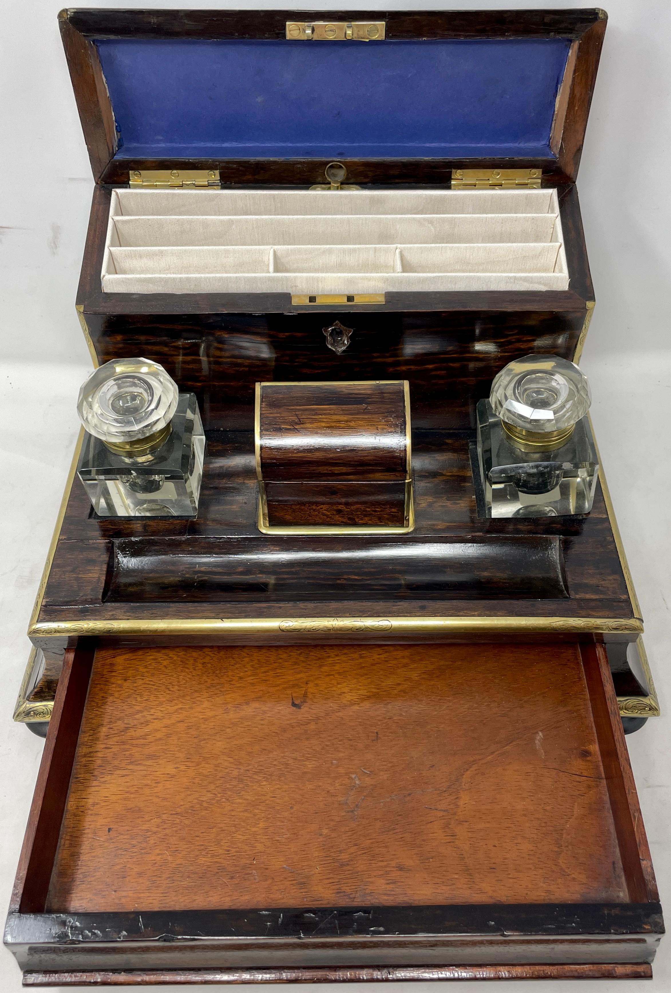 Antique English Coromandel Wood Letter Box, Stamp Box, and Inkwell