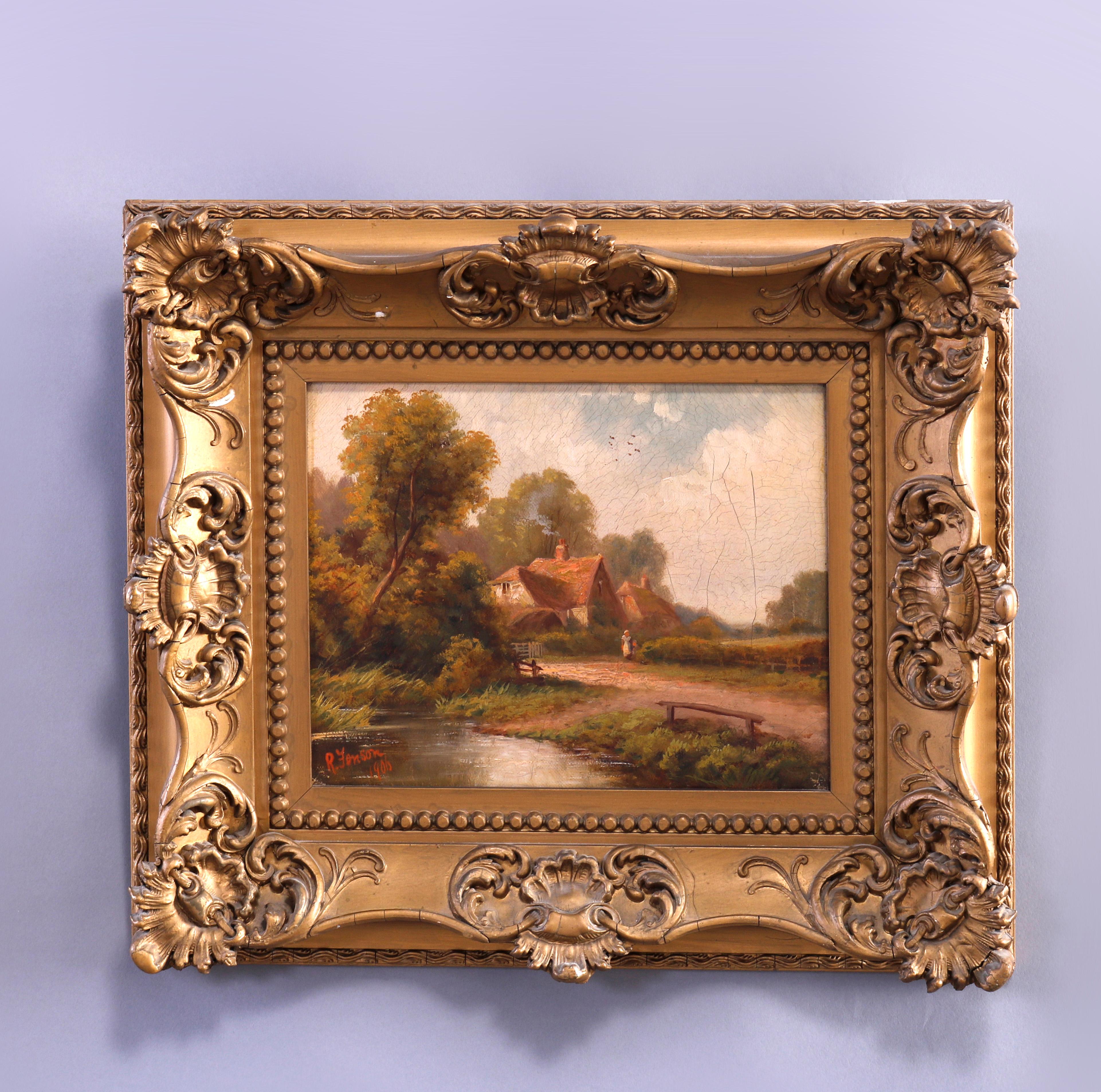 An antique English painting by Robert Fenton offers oil on canvas landscape with Dutch cottage in countryside setting with path, figure and pond, artist signed and dated lower left, seated in giltwood frame

Measures - overall 14.5'' H x 16.25'' W