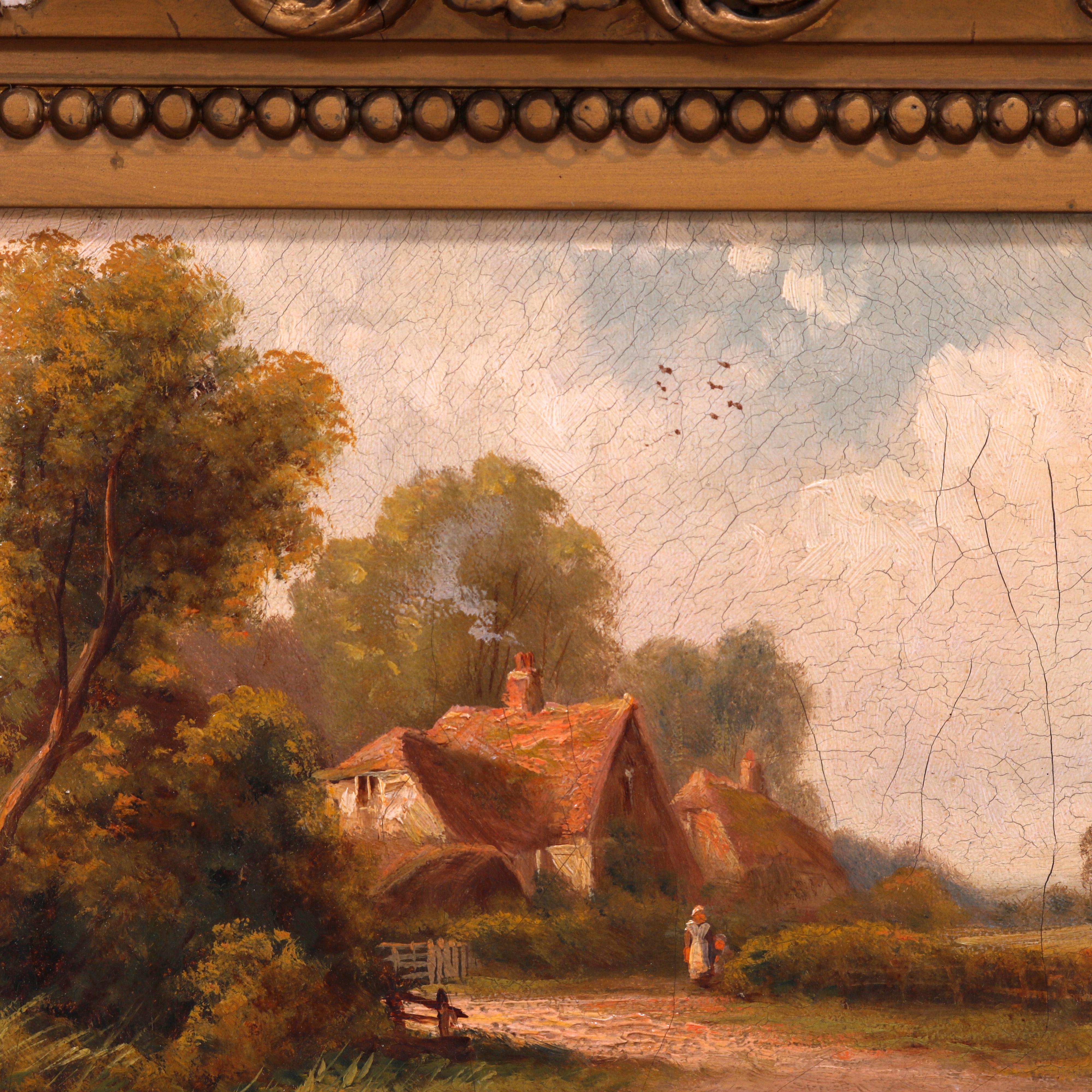 European Antique English Cottage Landscape Painting with Figure, Signed R. Fenton, 1906