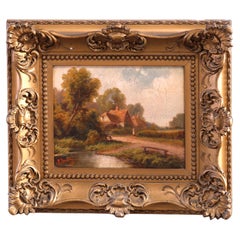 Antique English Cottage Landscape Painting with Figure, Signed R. Fenton, 1906