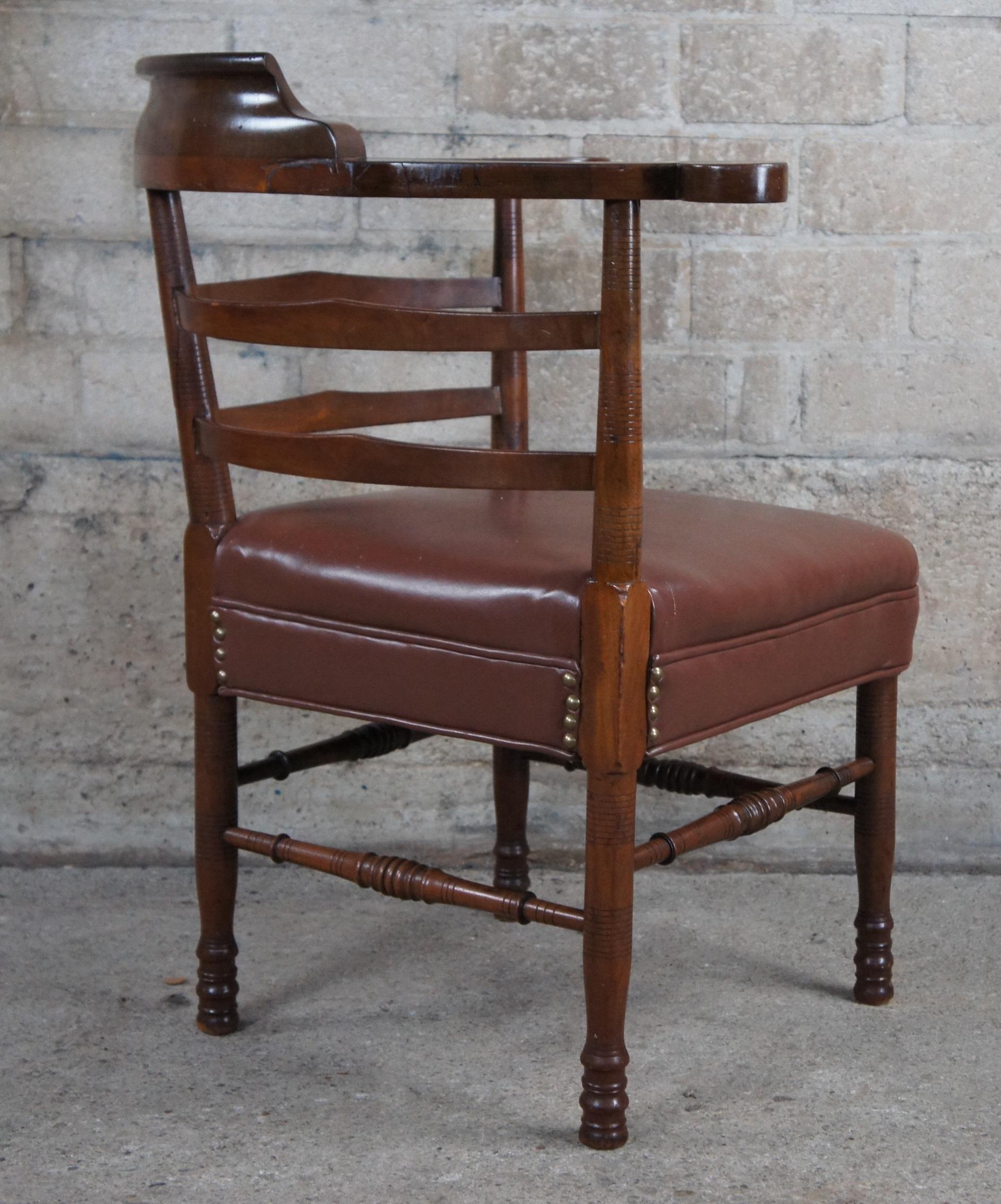 Upholstery Antique English Country Mahogany Ladderback Roundabout Corner Arm Chair Seat For Sale