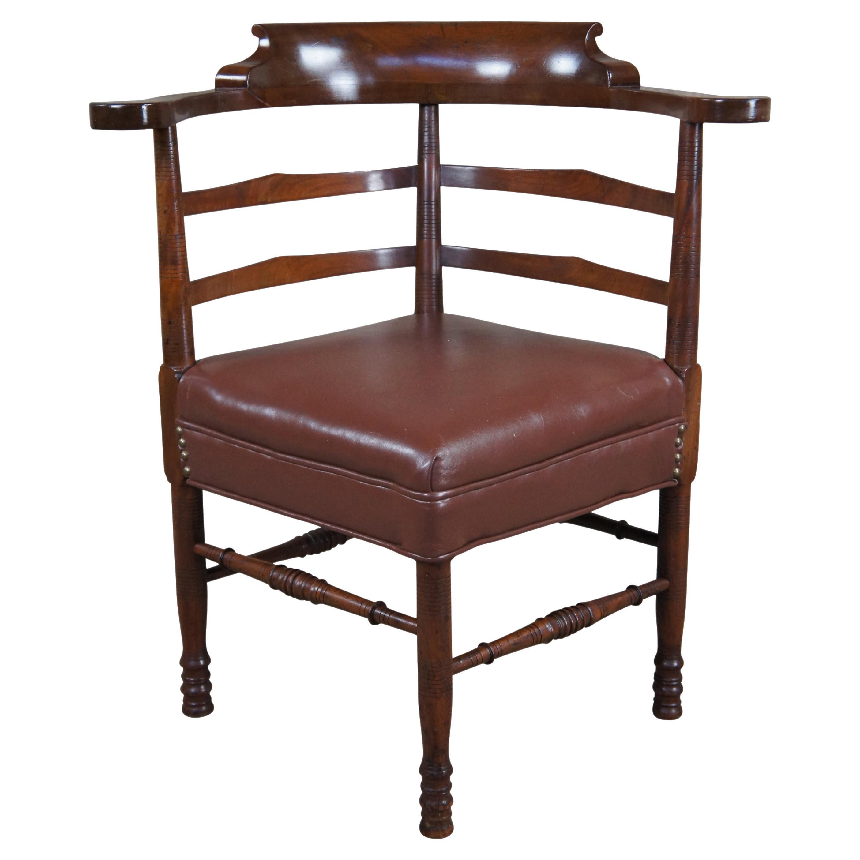 Antique English Country Mahogany Ladderback Roundabout Corner Arm Chair Seat For Sale