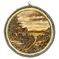 Antique English Countryside Stained Glass Roundel
