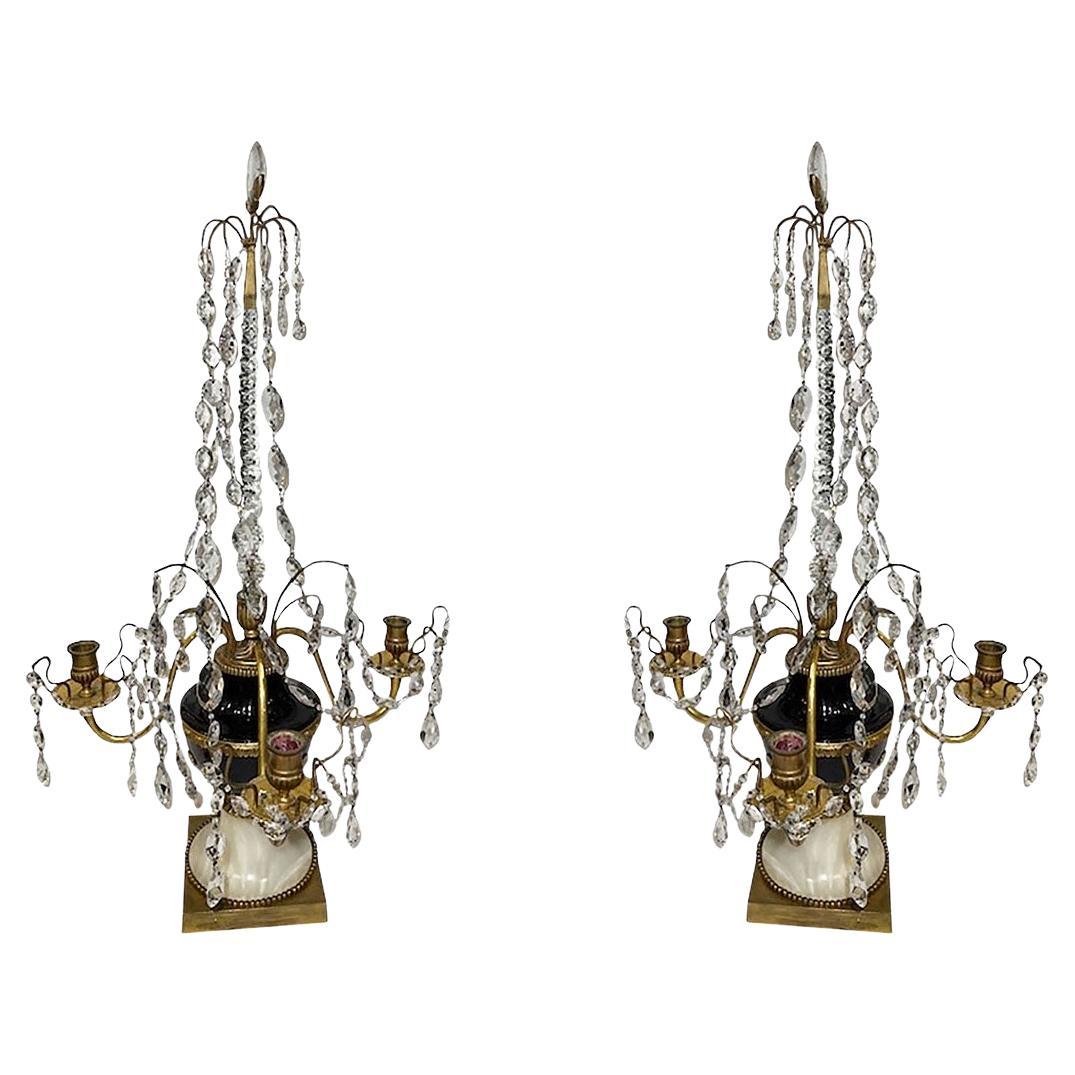 Antique English Crackle Glass Candelabra, a Pair For Sale