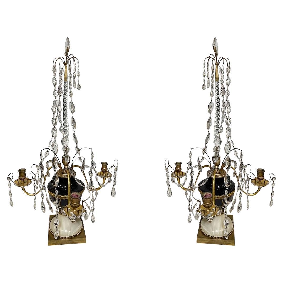 Antique English Crackle Glass Candelabra, a Pair