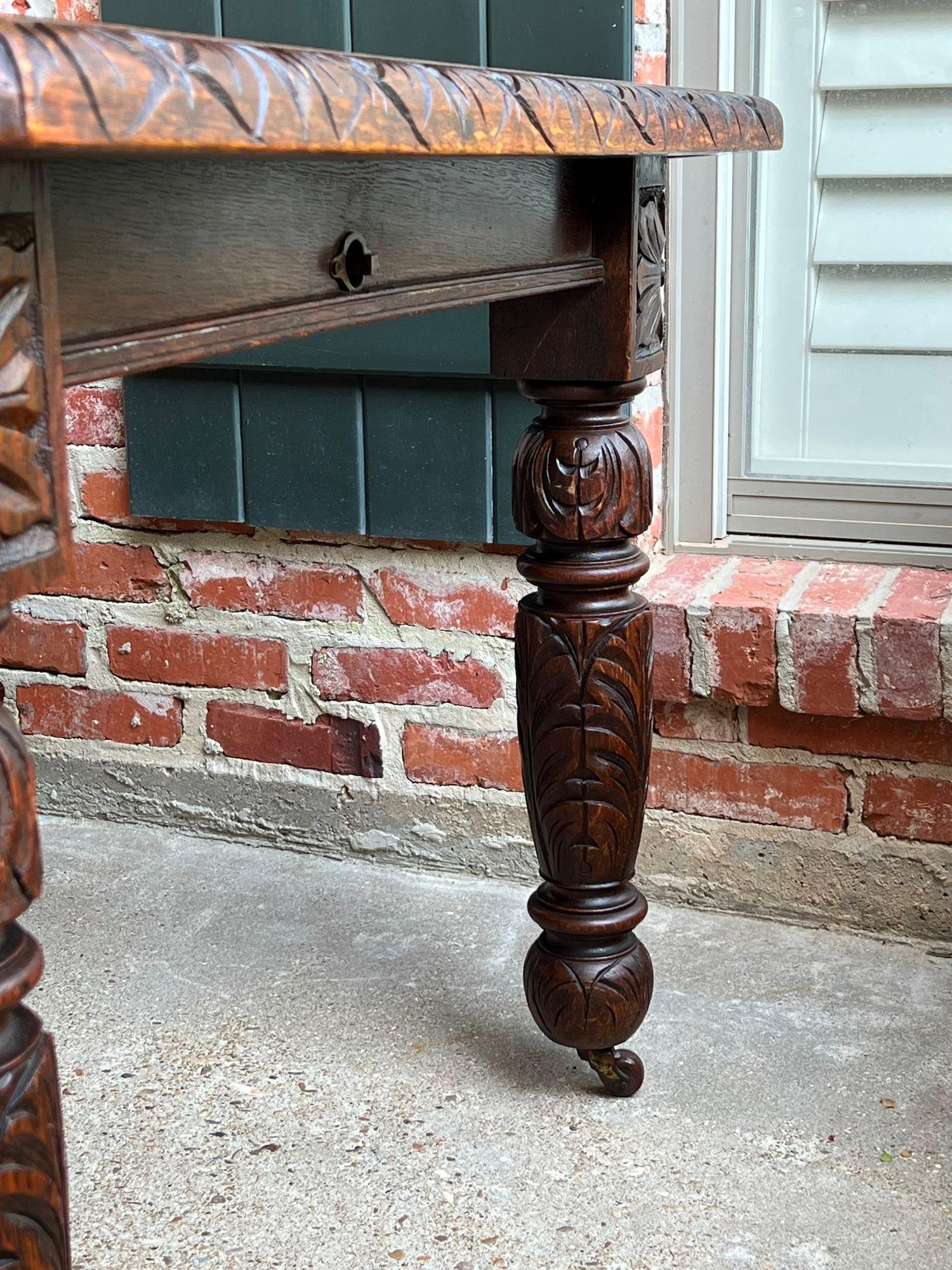 Antique English Crank Dining Table Carved Oak Expandable Leaf Edwardian c1890 2