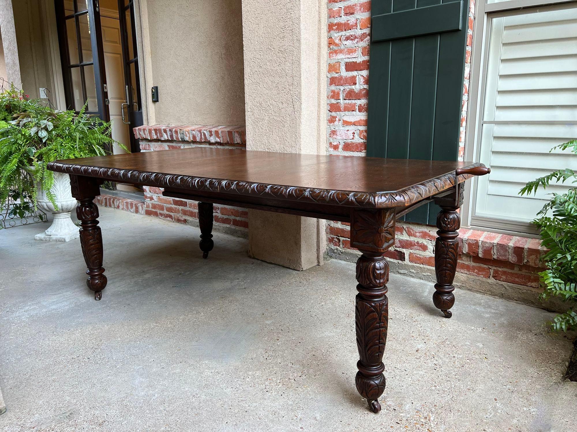 Antique English Crank Dining Table Carved Oak Expandable Leaf Edwardian c1890 4