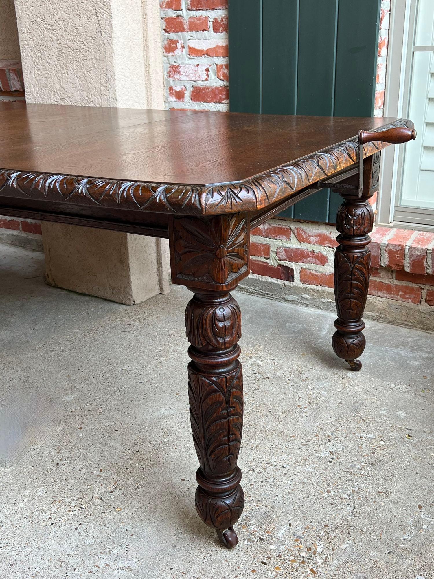 Antique English Crank Dining Table Carved Oak Expandable Leaf Edwardian c1890 9