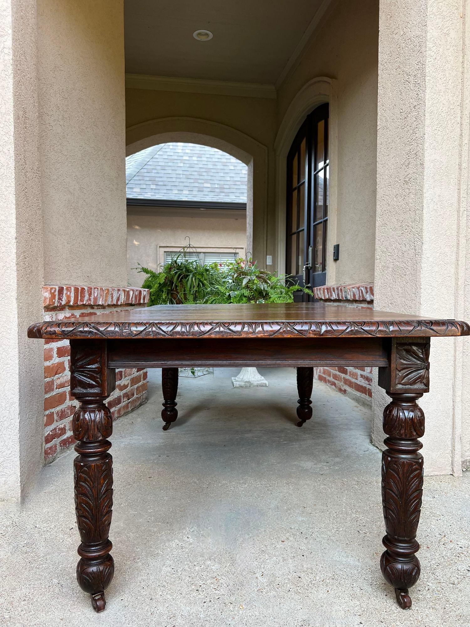 British Antique English Crank Dining Table Carved Oak Expandable Leaf Edwardian c1890