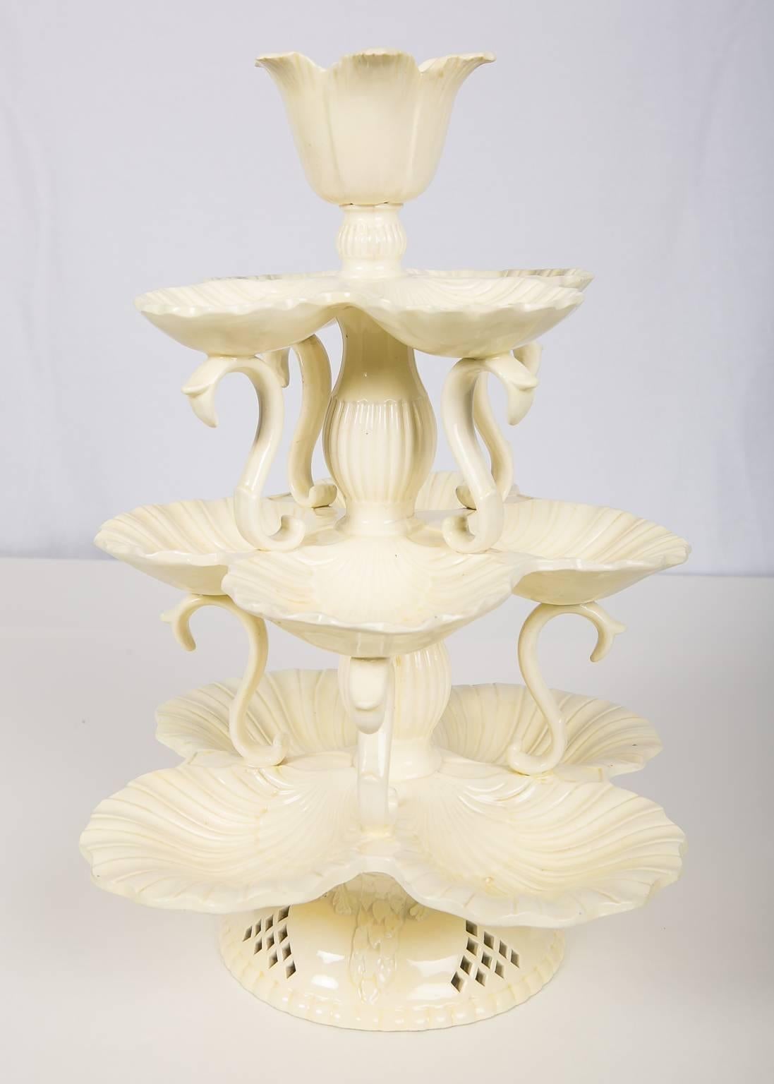 We are thrilled to offer this fabulous large three-tiered 18th-century creamware platt menage, made circa 1780-90 in Staffordshire or Yorkshire, England. 
It is a rare and elegant example of 1the finest 8th-century English creamware.
Modeled as