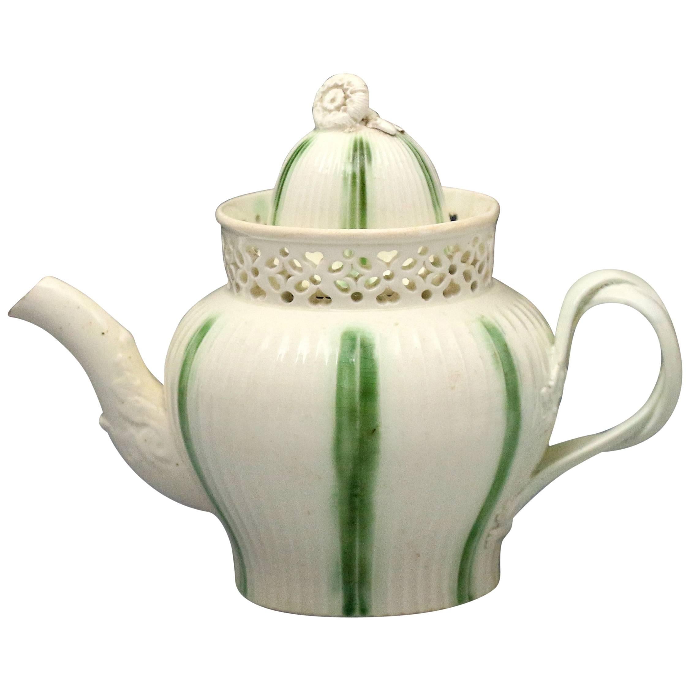 Antique English Creamware Pottery Teapot with Green Stripes, Late 18th Century For Sale