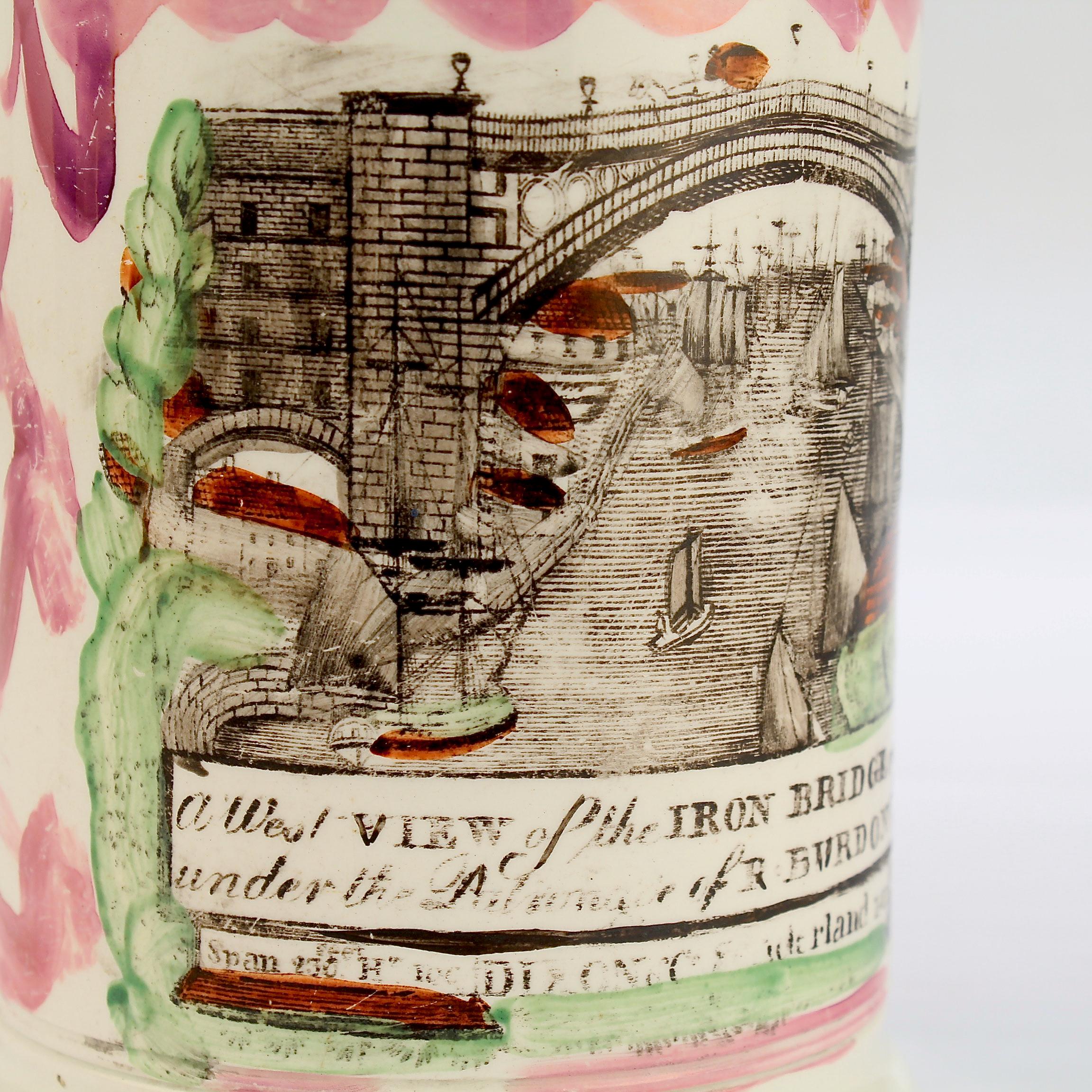 George III Antique English Creamware Sunderland Lustre Iron Bridge Mug with Frog