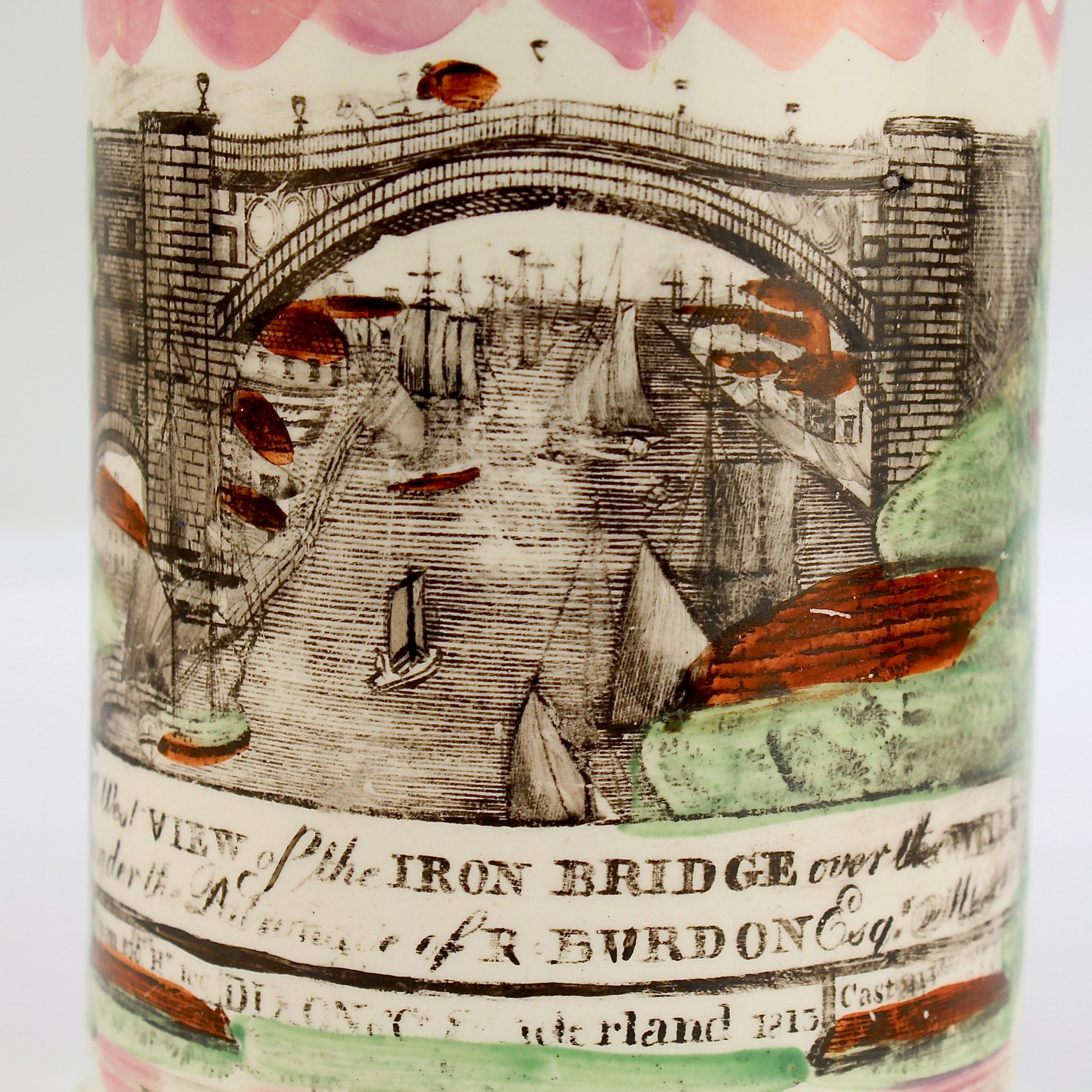 British Antique English Creamware Sunderland Lustre Iron Bridge Mug with Frog