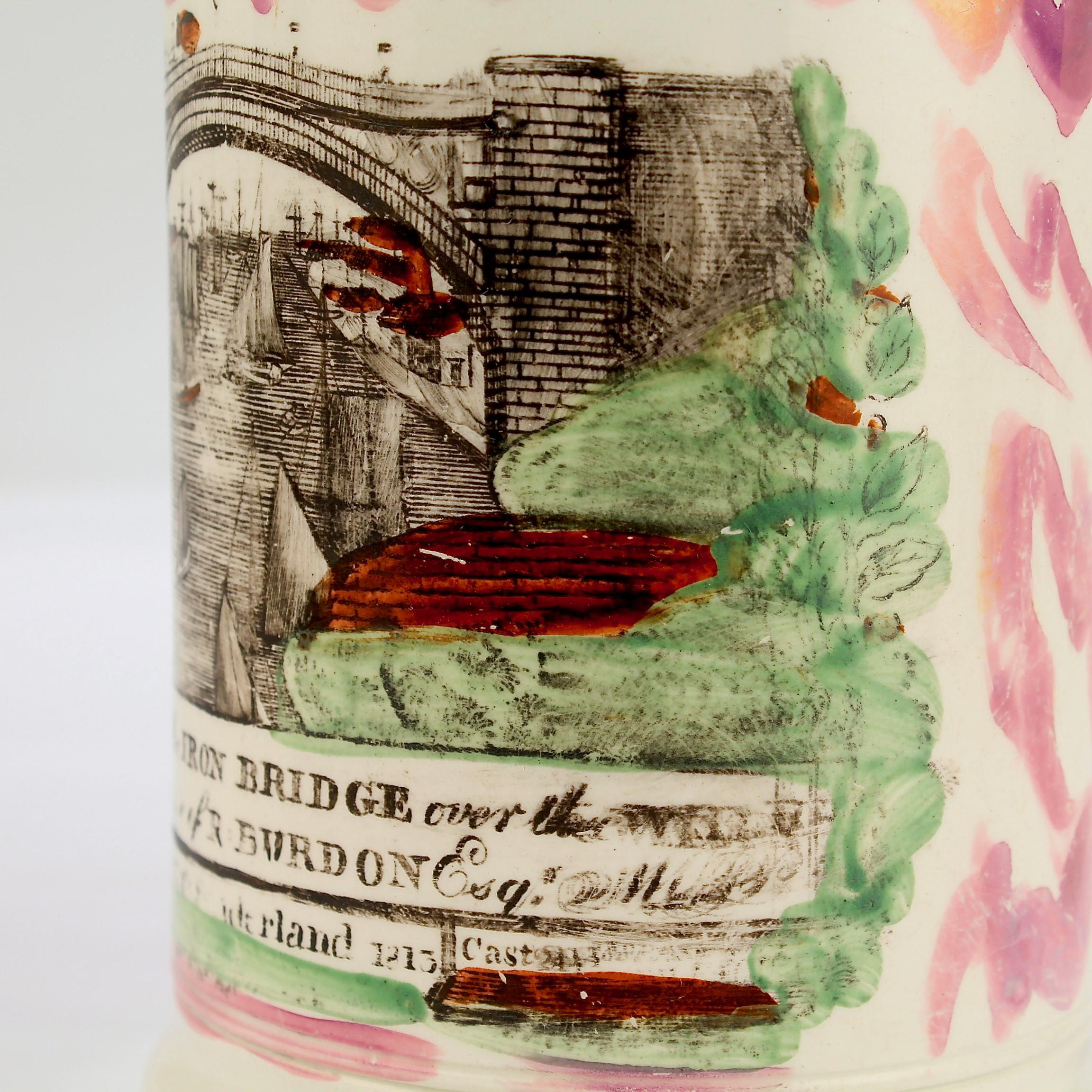 Antique English Creamware Sunderland Lustre Iron Bridge Mug with Frog In Fair Condition In Philadelphia, PA