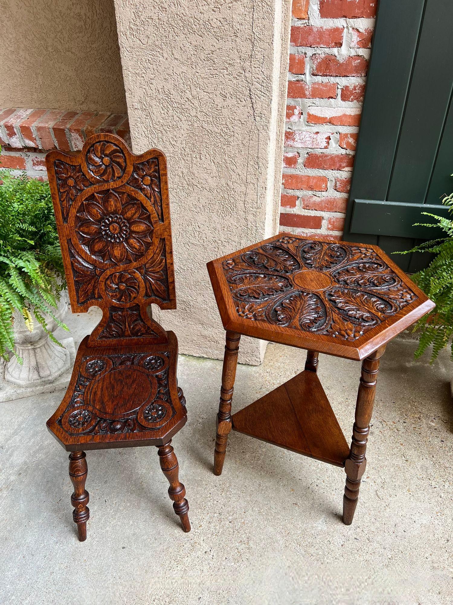 Antique English Cricket Table Hexagon Carved Oak End Side Table Arts and Crafts 7