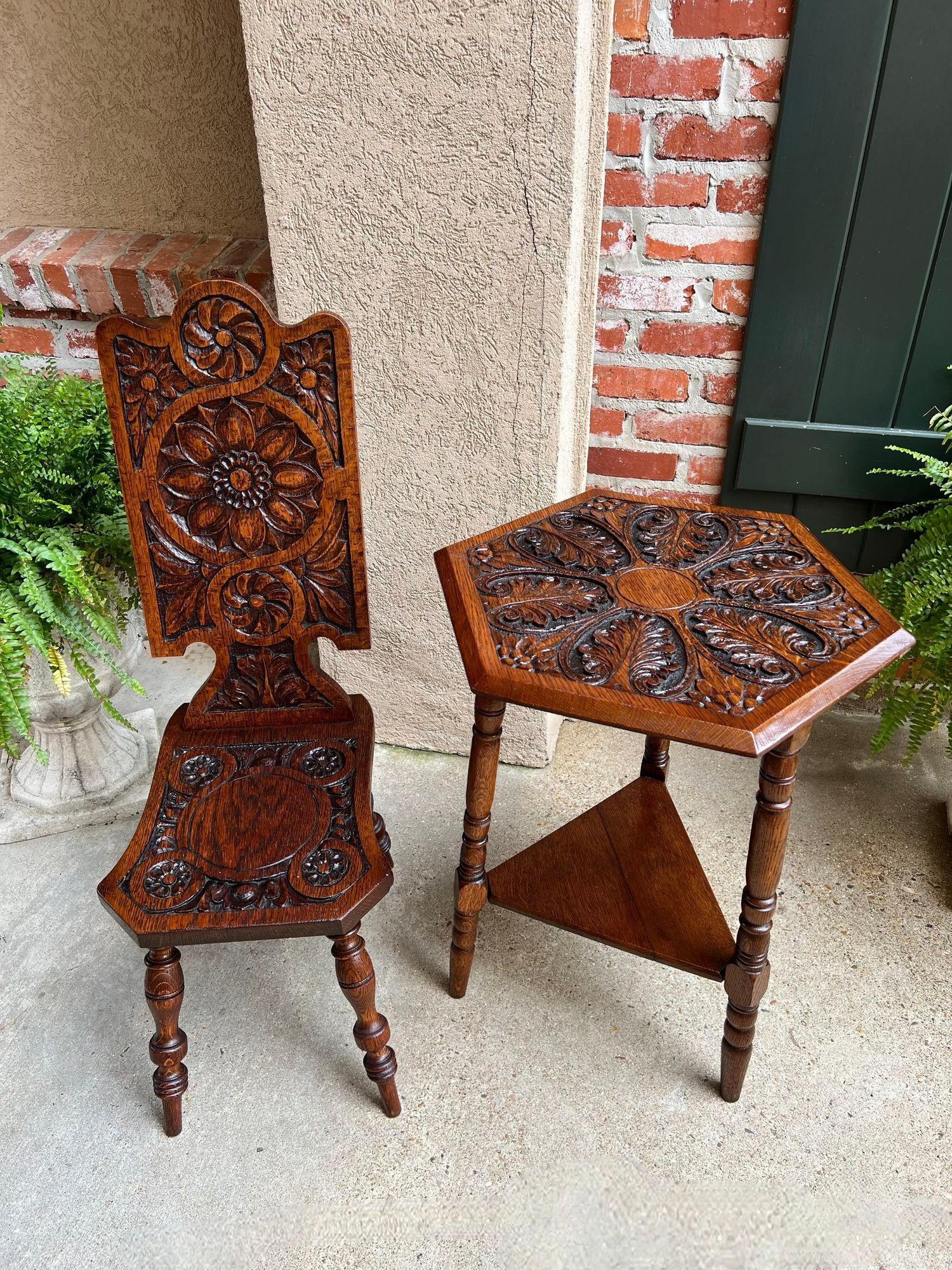 Antique English Cricket Table Hexagon Carved Oak End Side Table Arts and Crafts For Sale 7