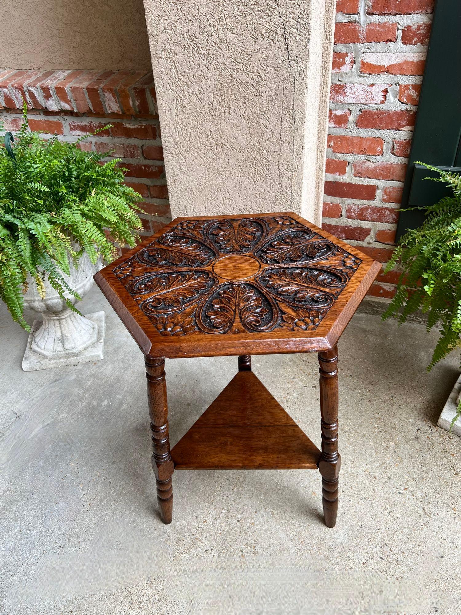 Antique English Cricket Table Hexagon Carved Oak End Side Table Arts and Crafts For Sale 8