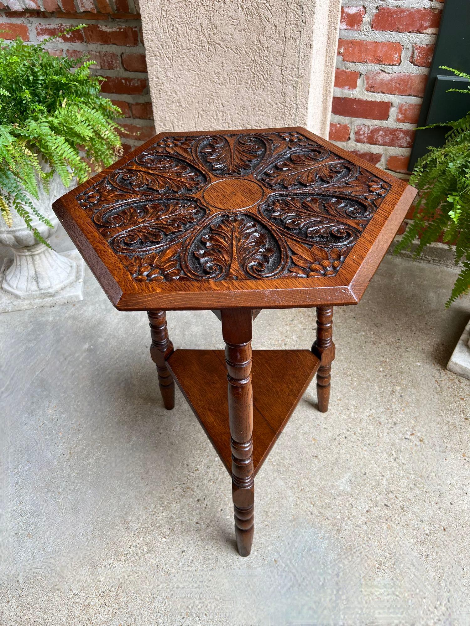 Antique English Cricket Table Hexagon Carved Oak End Side Table Arts and Crafts For Sale 9