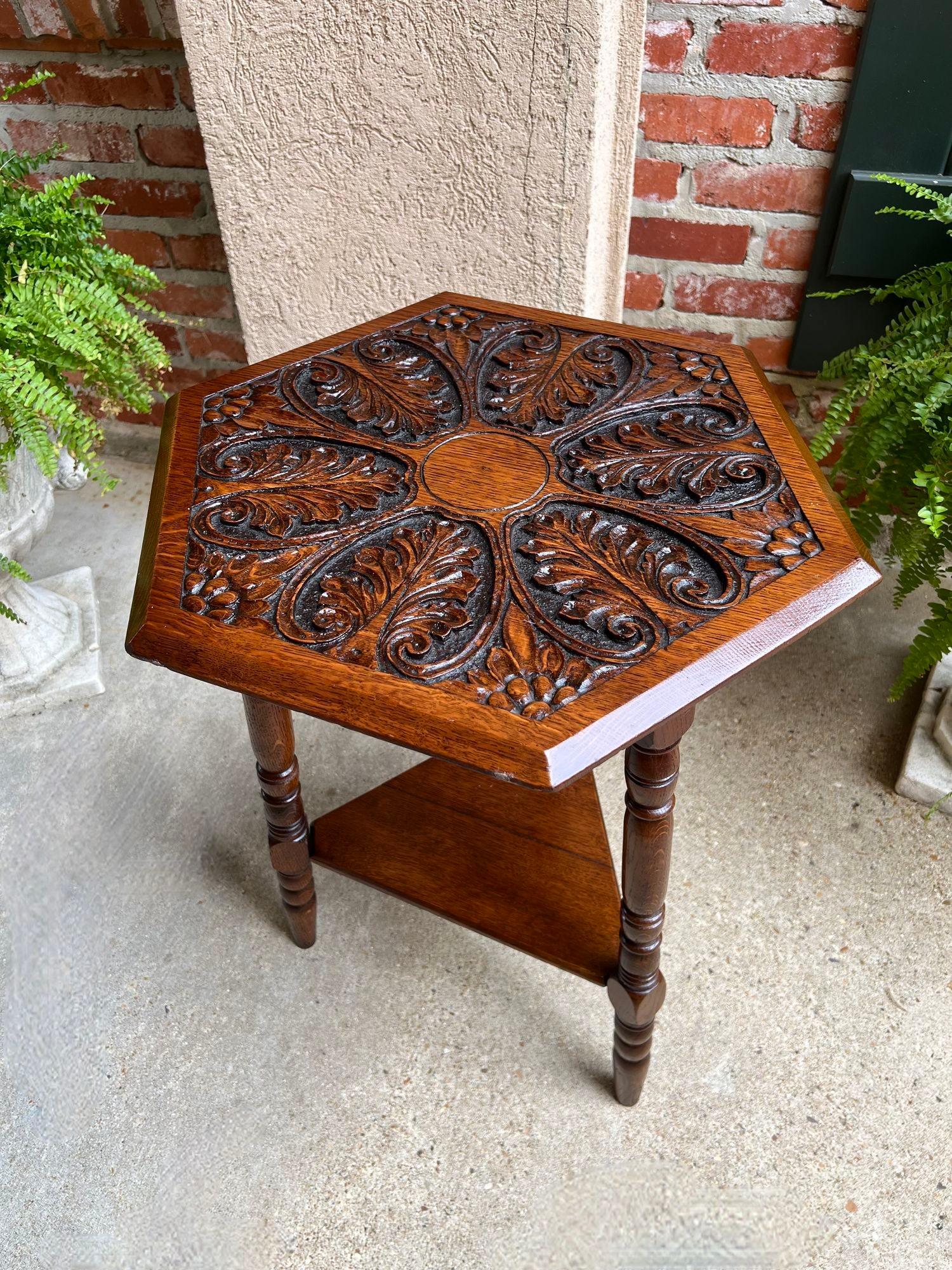 Antique English Cricket Table Hexagon Carved Oak End Side Table Arts and Crafts 10