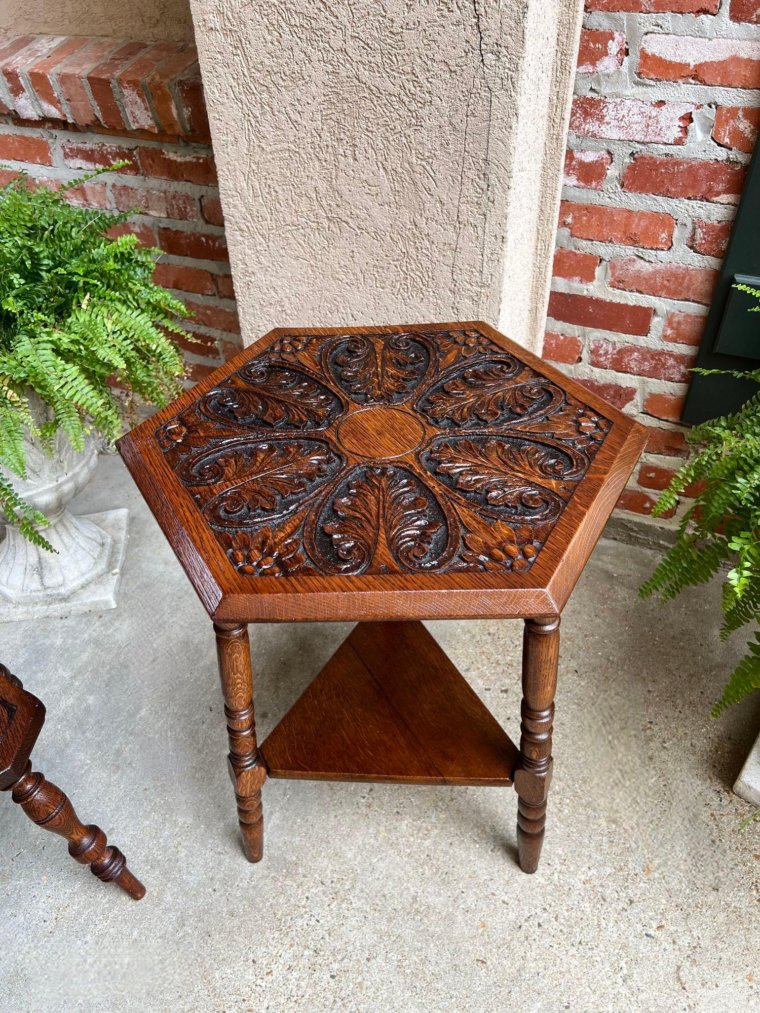 Antique English Cricket Table Hexagon Carved Oak End Side Table Arts and Crafts For Sale 12