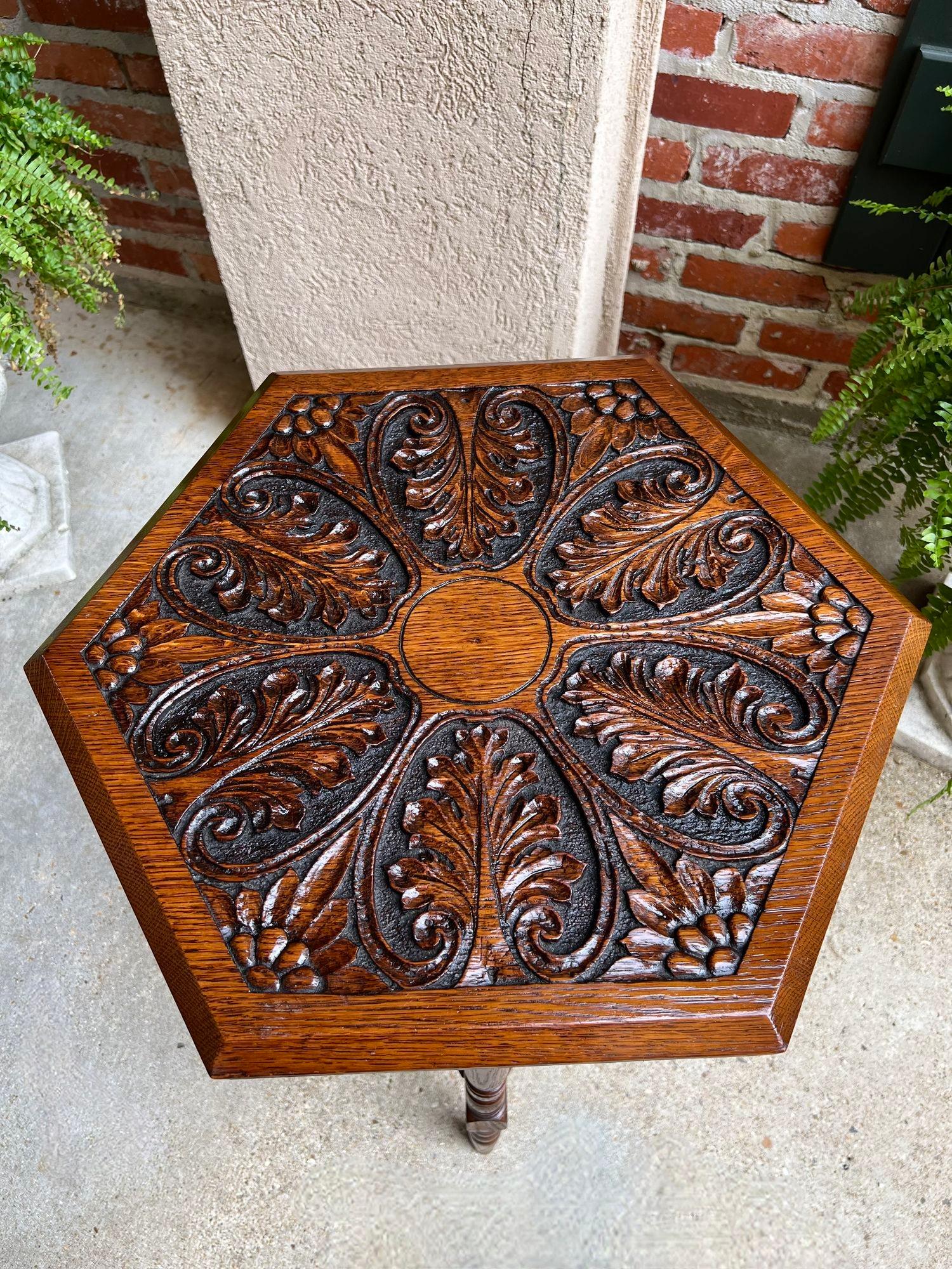 Antique English Cricket Table Hexagon Carved Oak End Side Table Arts and Crafts 14