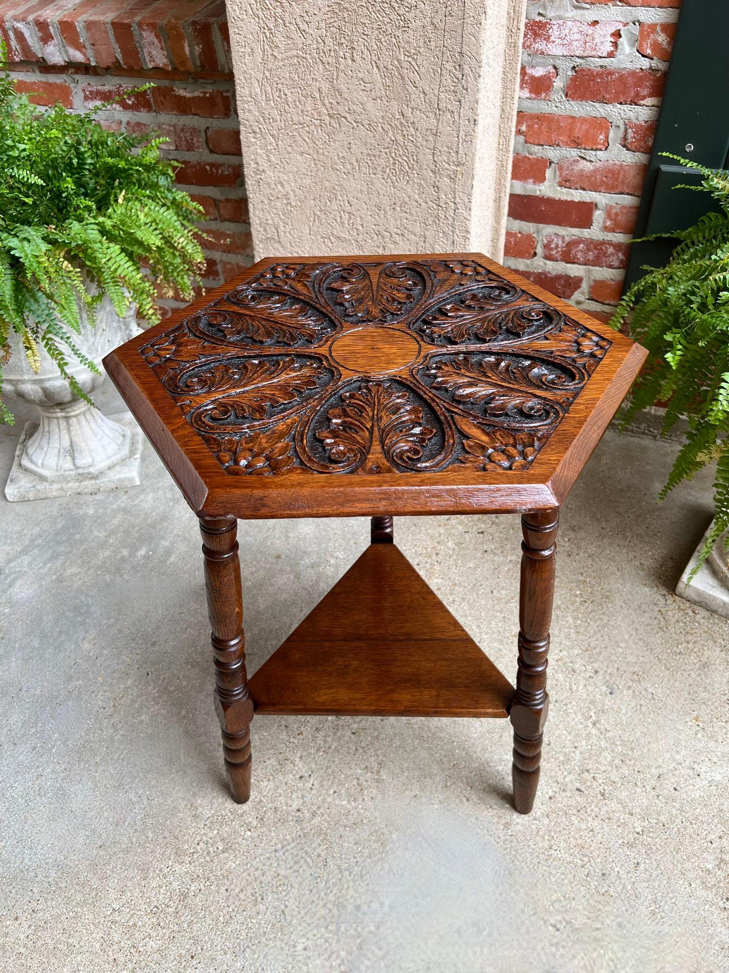Antique English Cricket Table Hexagon Carved Oak End Side Table Arts & Crafts.

Direct from England, a charming and quite unique antique English “cricket” table.

“Cricket tables” originated in England and remain one of Britain’s most popular and