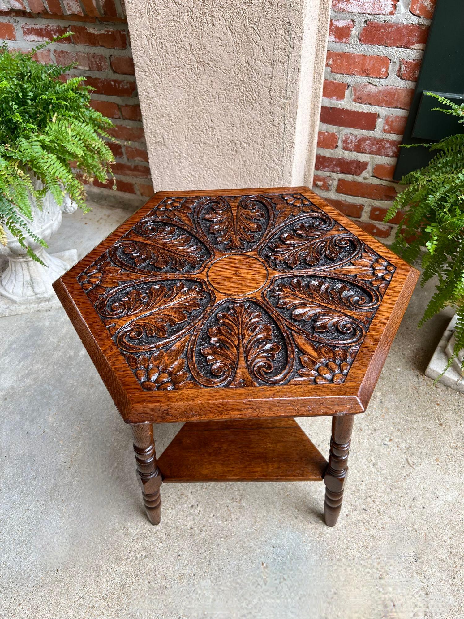 Antique English Cricket Table Hexagon Carved Oak End Side Table Arts and Crafts 15
